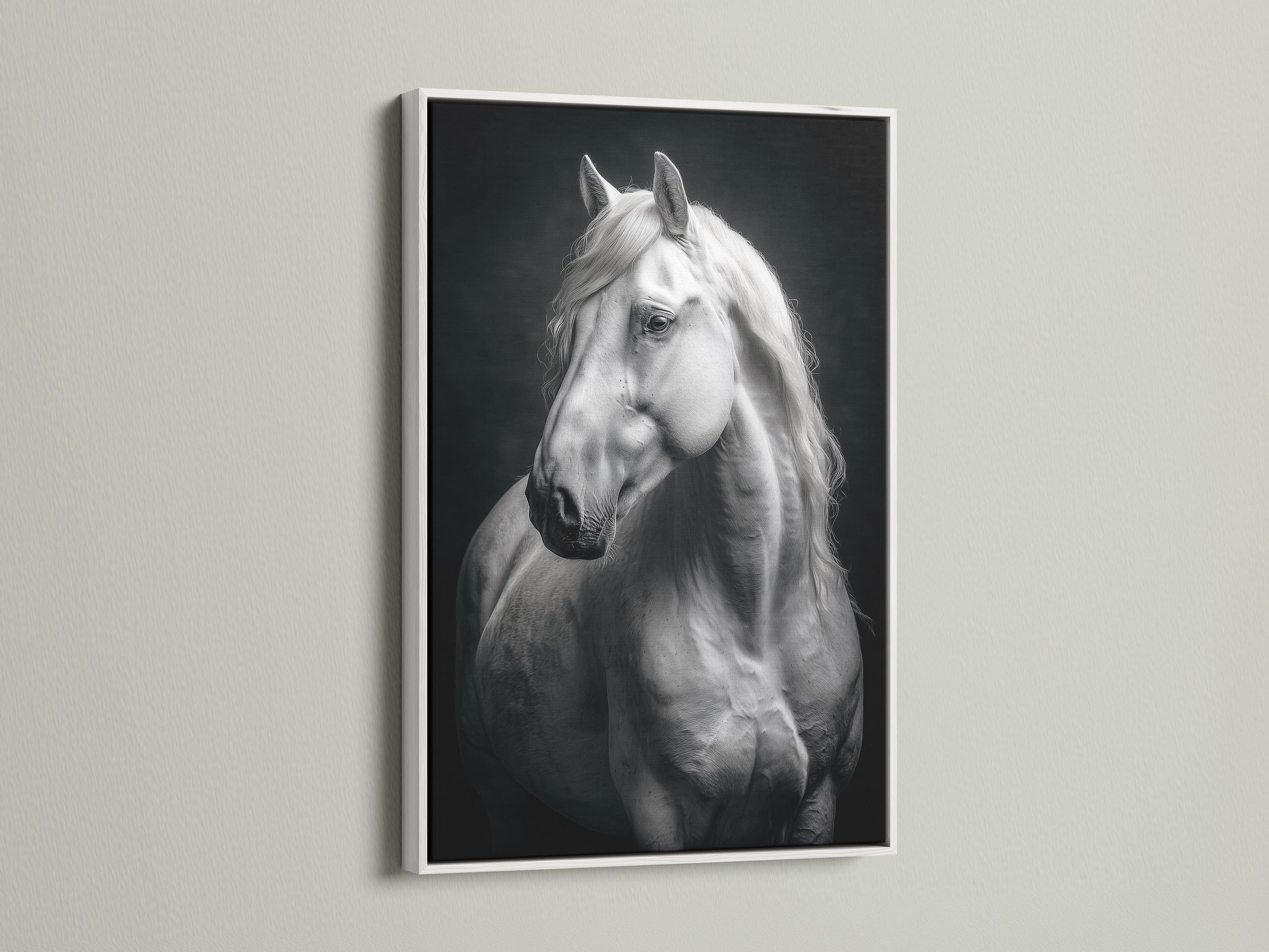 Elegant white horse artwork in a black and white print. The art is framed in a clean white frame. This animal canvas adds a modern touch to any room. It's perfect for bedroom wall art or equestrian decor. A beautiful piece of equine art for horse enthusiasts. Perfect gift for horse lover.