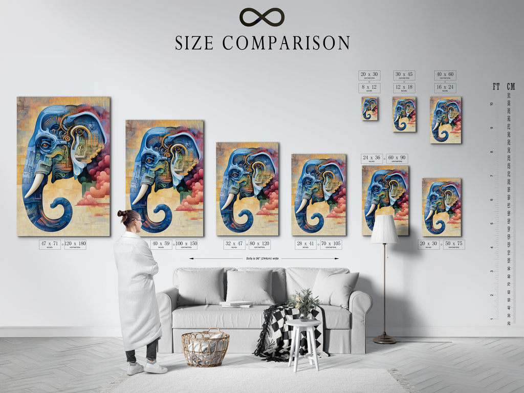 Size comparison chart displayed in an interior setting. The steampunk elephant canvas print is showcased. The blue and pink industrial artwork is perfect for various room sizes. Choose the ideal size for your office or home decor needs. 