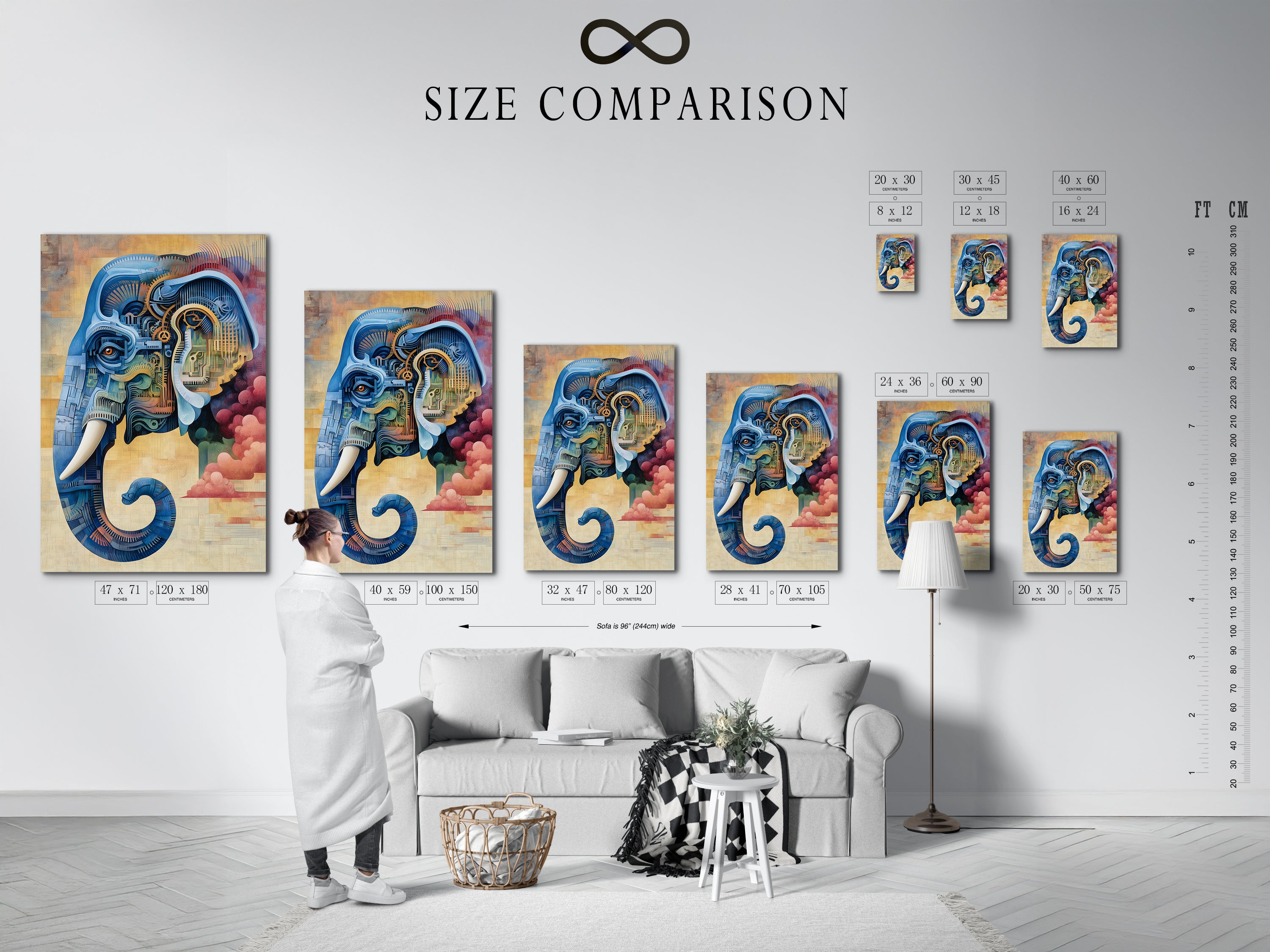 Size comparison chart displayed in an interior setting. The steampunk elephant canvas print is showcased. The blue and pink industrial artwork is perfect for various room sizes. Choose the ideal size for your office or home decor needs. 