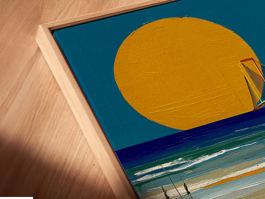 A close-up of the canvas print in a floating frame. The artwork features a vibrant coastal sunset and boardwalk scene. Perfect as beach wall art or coastal home art. The floating frame enhances its modern appeal.