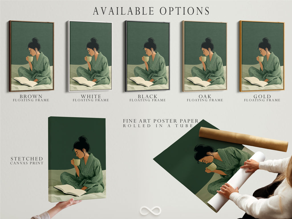 Available options for this artwork. Including a stretched canvas print. Fine art poster paper. And a floating frame. Choose the perfect format to complement your home decor.