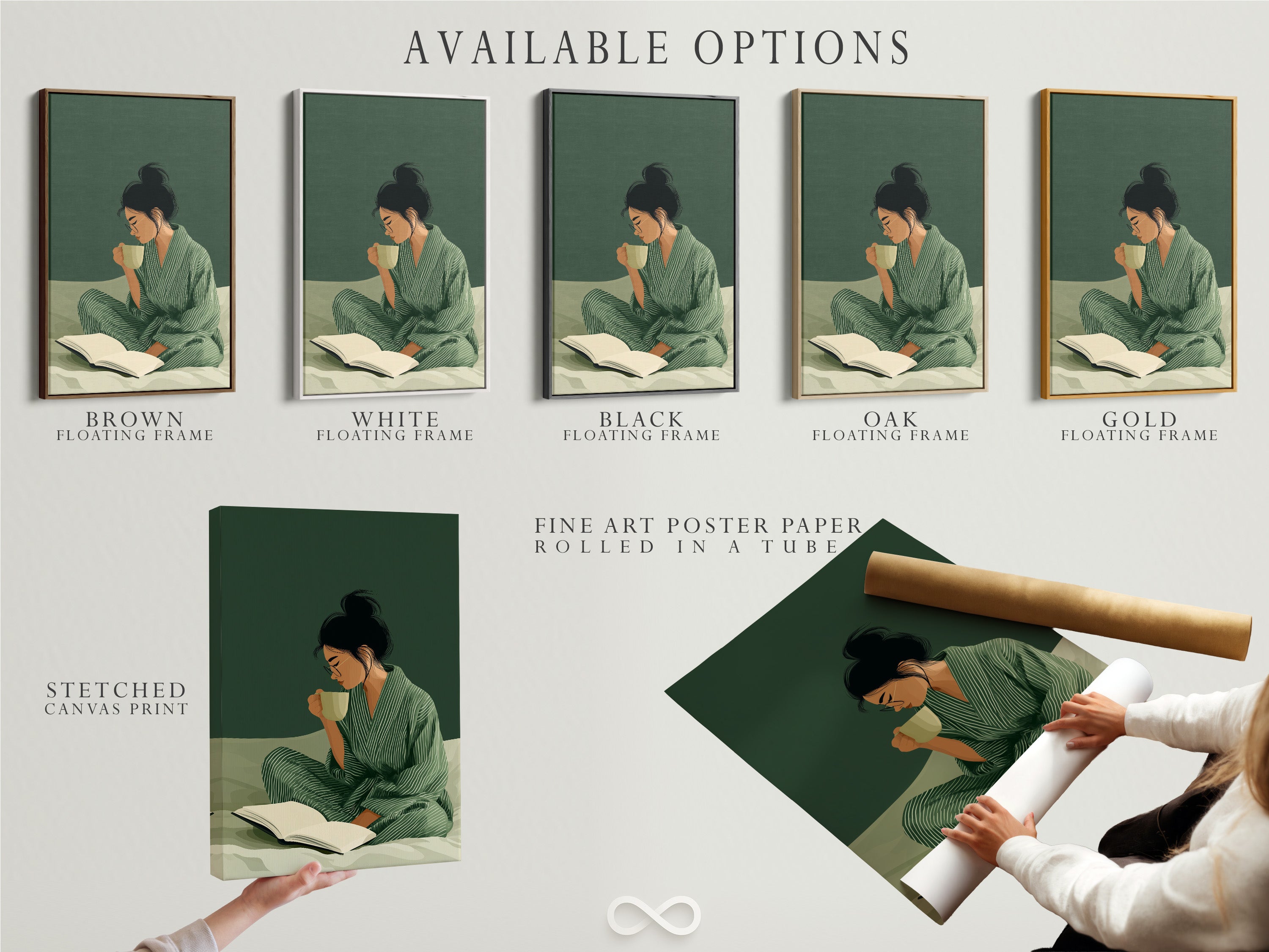 Available options for this artwork. Including a stretched canvas print. Fine art poster paper. And a floating frame. Choose the perfect format to complement your home decor.