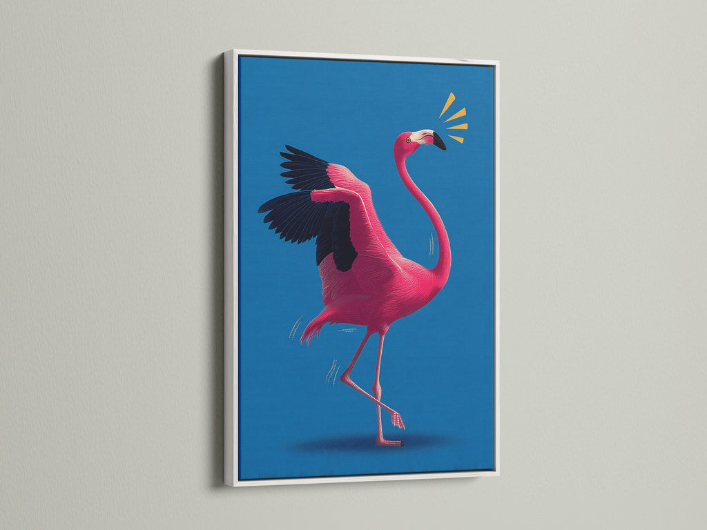 The flamingo artwork stands out in a clean white frame. The white frame offers a modern look. It creates a striking contrast with the colorful artwork. This combination brightens any space. It is perfect for contemporary interiors. A great way to add a pop of color to your home.