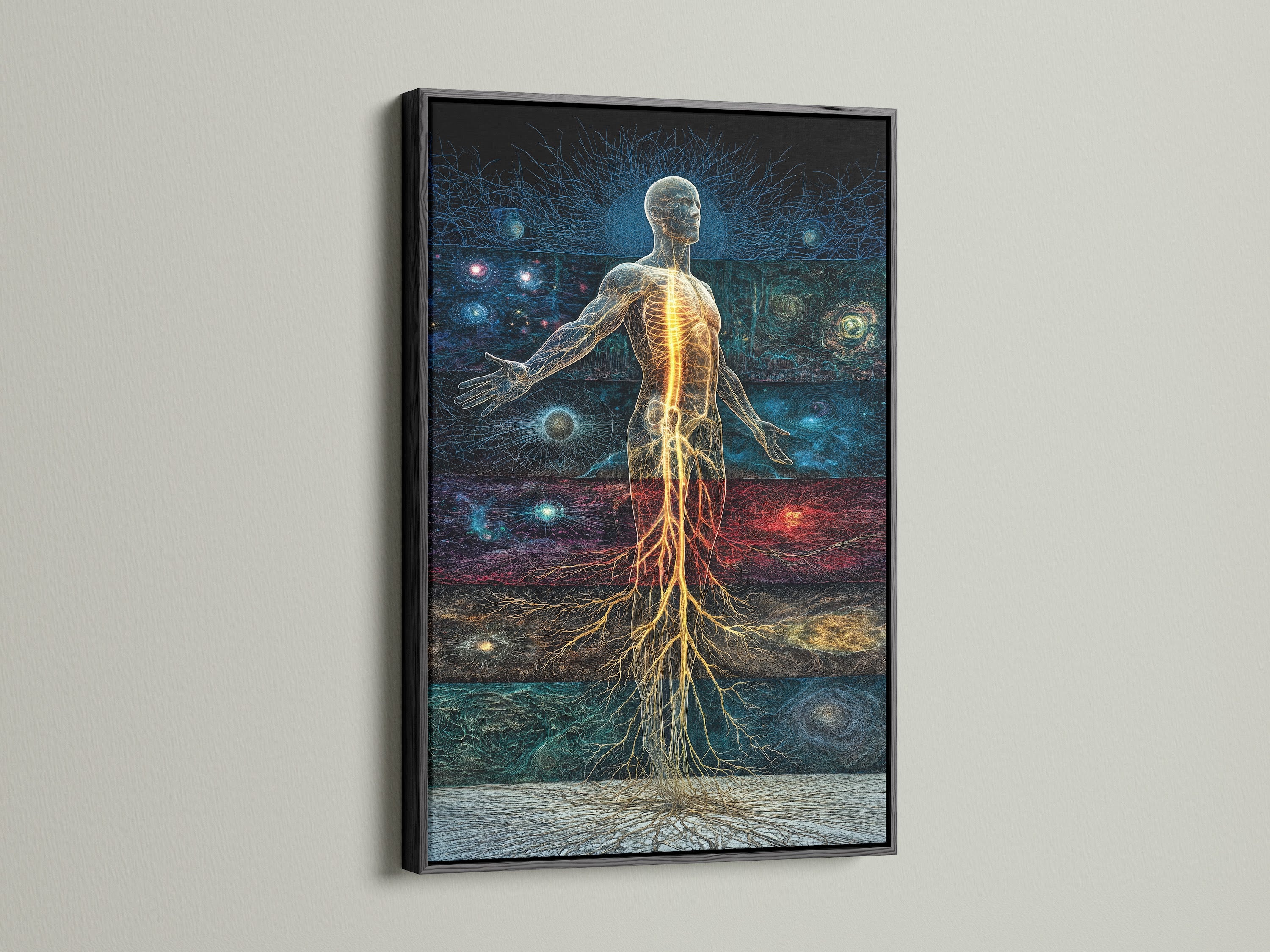 EV-04 showcases a black frame. The black frame adds a bold and dramatic touch. This frame creates a strong visual impact. It is perfect for contemporary artwork. The black frame provides a sleek and sophisticated finish. It is a modern art.