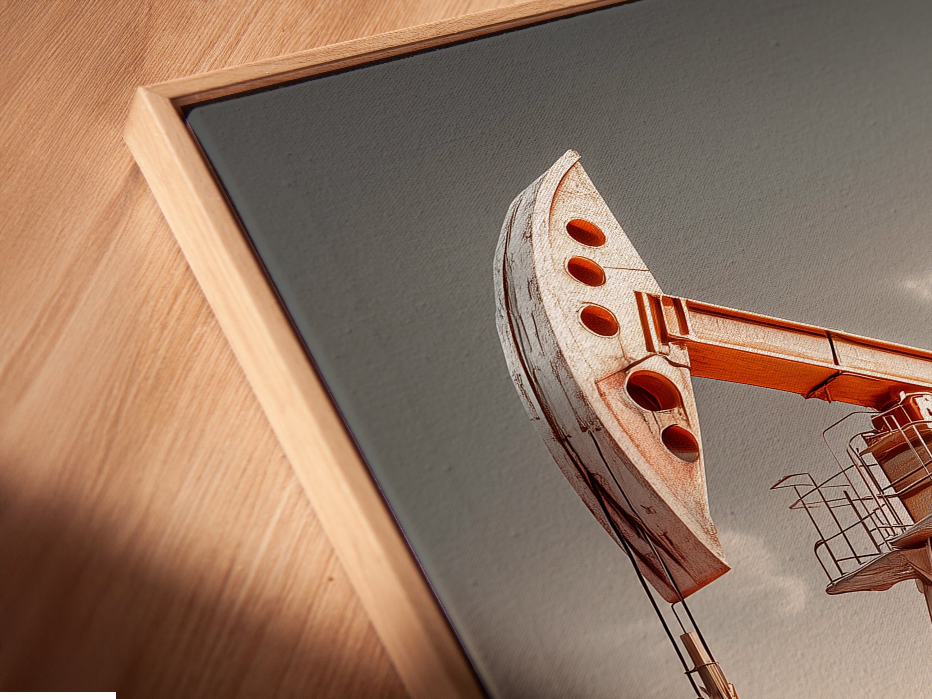 Close-up of a Canvas Print in a Floating Frame. The floating frame gives a modern gallery look. This industrial artwork appears to float on the wall. Perfect for showcasing your modern art print.