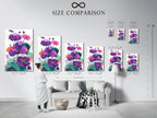 Size comparison chart in an interior setting. Showcasing various sizes of floral canvas prints and fine art posters. Visualize the perfect fit for your space. Featuring vibrant purple botanical wall art and modern flower artwork.