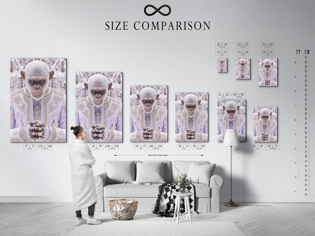 A size comparison chart is displayed in an interior setting. This helps visualize how the Monkey Pope artwork will look in different spaces. Various sizes are available to suit your needs. The chart demonstrates the versatility of the artwork. Whether you are looking for a small accent piece or a large statement piece. This artwork will fit your needs.