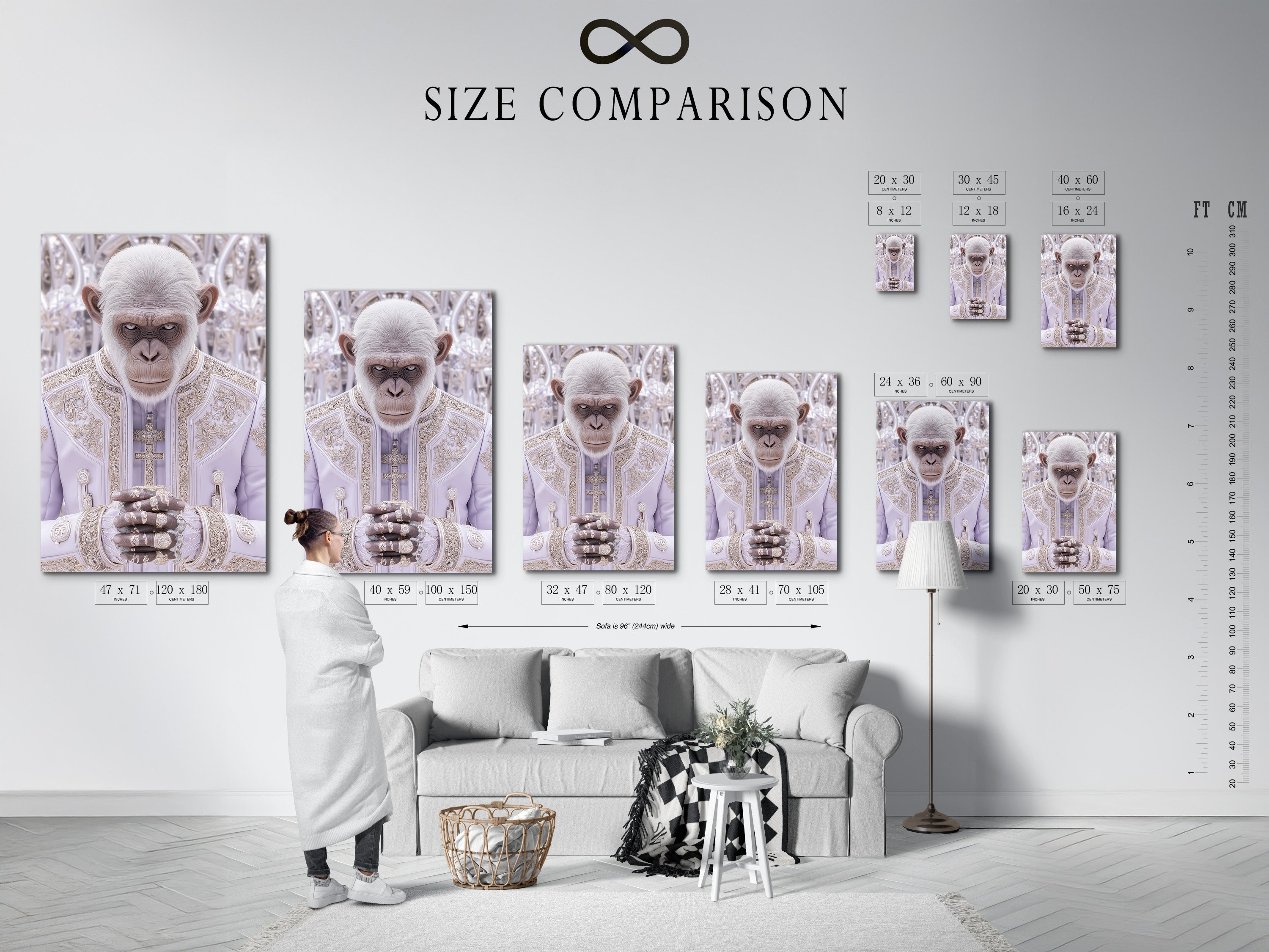 A size comparison chart is displayed in an interior setting. This helps visualize how the Monkey Pope artwork will look in different spaces. Various sizes are available to suit your needs. The chart demonstrates the versatility of the artwork. Whether you are looking for a small accent piece or a large statement piece. This artwork will fit your needs.