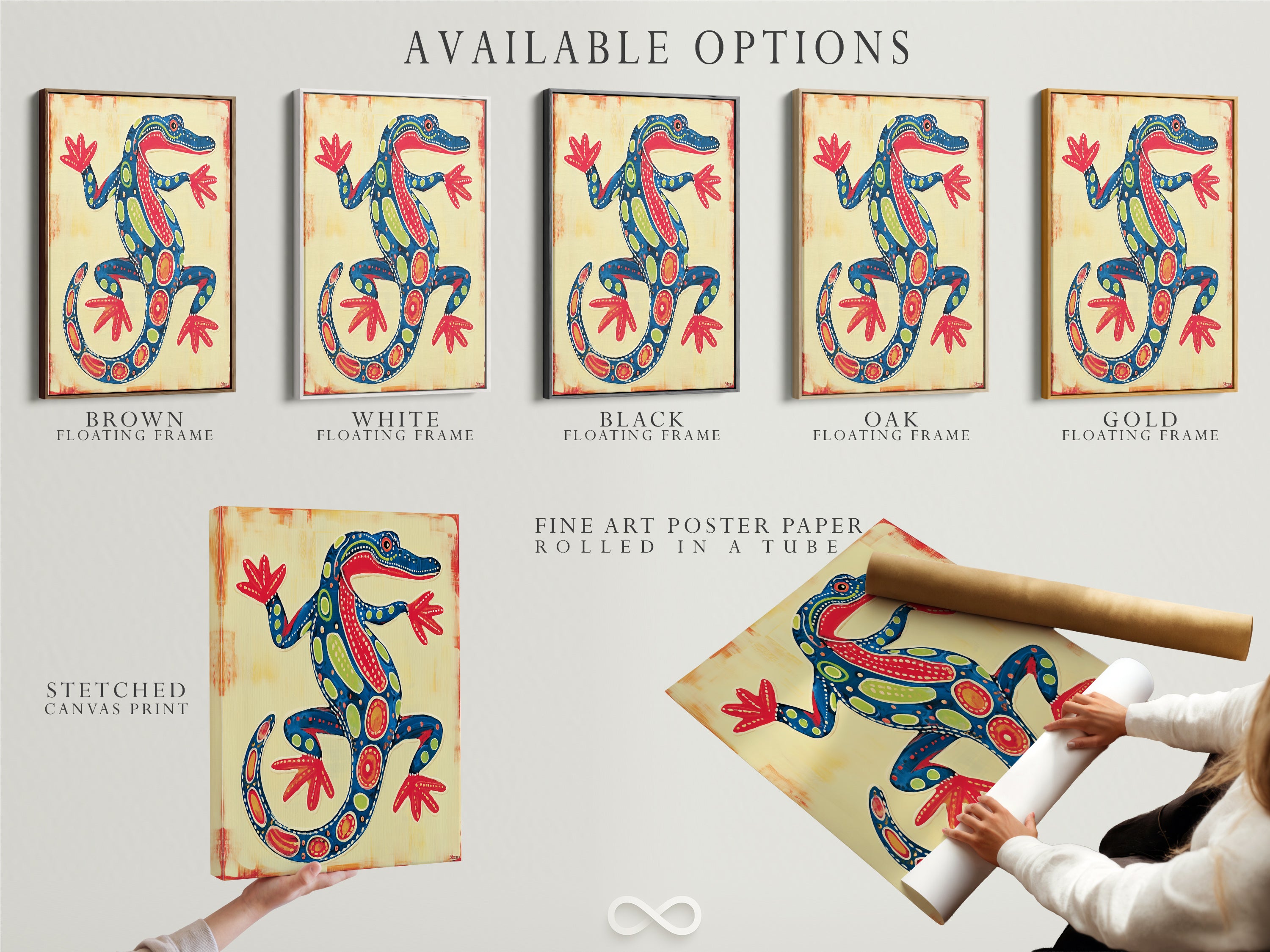 Available options include stretched canvas print fine art poster paper and floating frame. Choose the perfect format for your lizard artwork. Each option enhances the colorful reptile wall art. Customize your art to match your decor. Explore all possibilities.