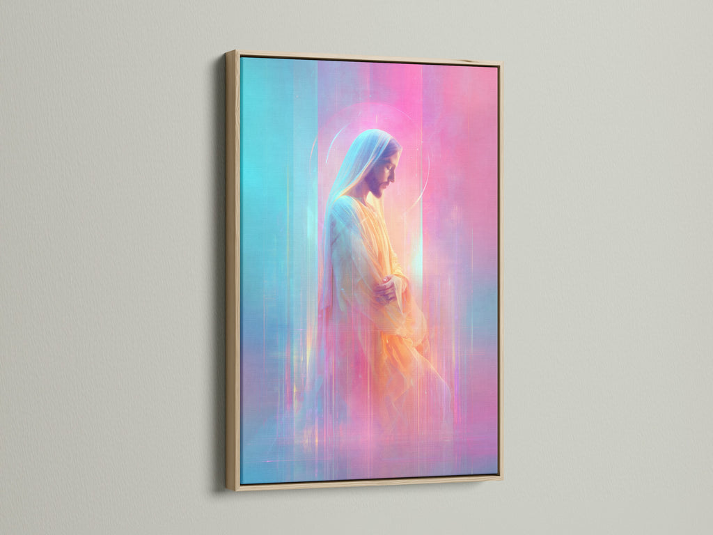 See this beautiful art piece showcased in an oak frame. The light wood grain of the oak enhances the artwork. It brings a touch of natural warmth to the space. The oak frame adds a classic and timeless appeal to any room.