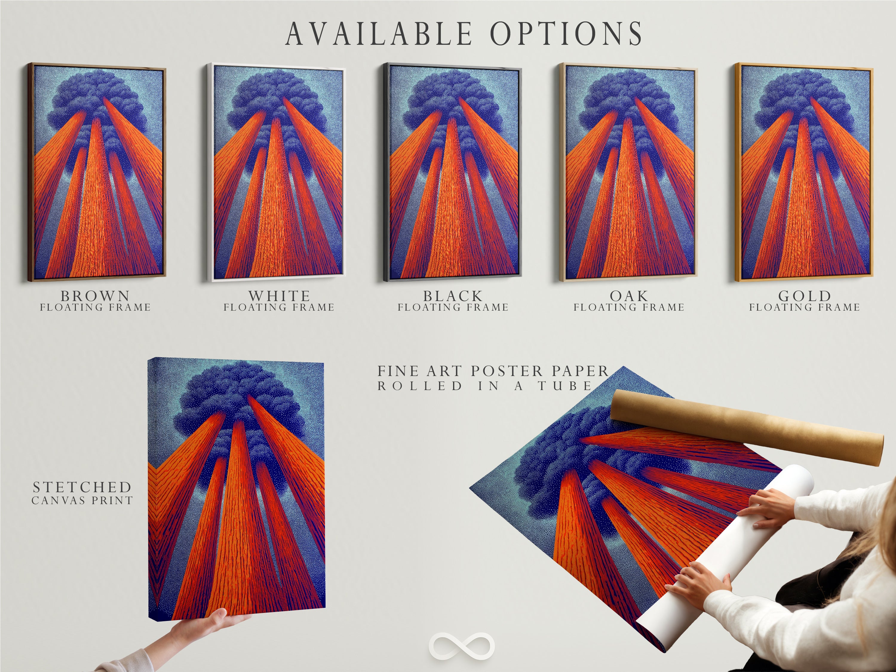 Explore available options for Sequoia art including stretched canvas print fine art poster paper and floating frame. Choose the perfect format for this redwood forest artwork. Enhance your space with modern tree artwork. Earth tones for any aesthetic.