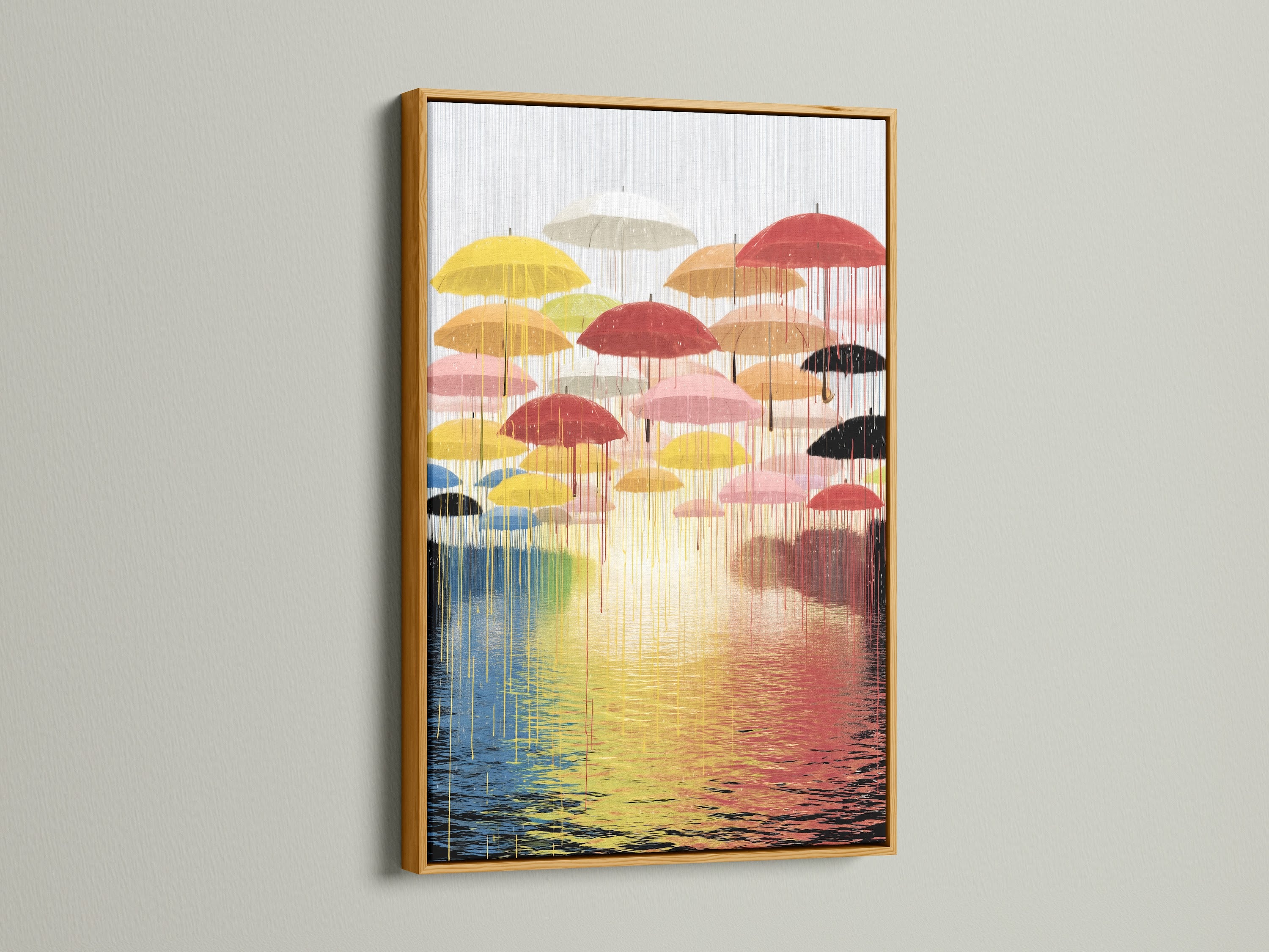 The 'Umbrella' artwork is elegantly showcased in a gold frame. This modern abstract piece brings a luxurious feel to any space. The gold frame enhances the colorful reflection wall art. It makes it a standout piece. Perfect for adding a touch of glamour to your wall decor.