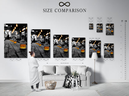 Size comparison chart in an interior setting. Displaying whiskey bar art sizes. This bourbon wall art is perfect for any space. The vintage bar decor complements industrial and farmhouse styles. Find the perfect size for your man cave art and pub wall decor.