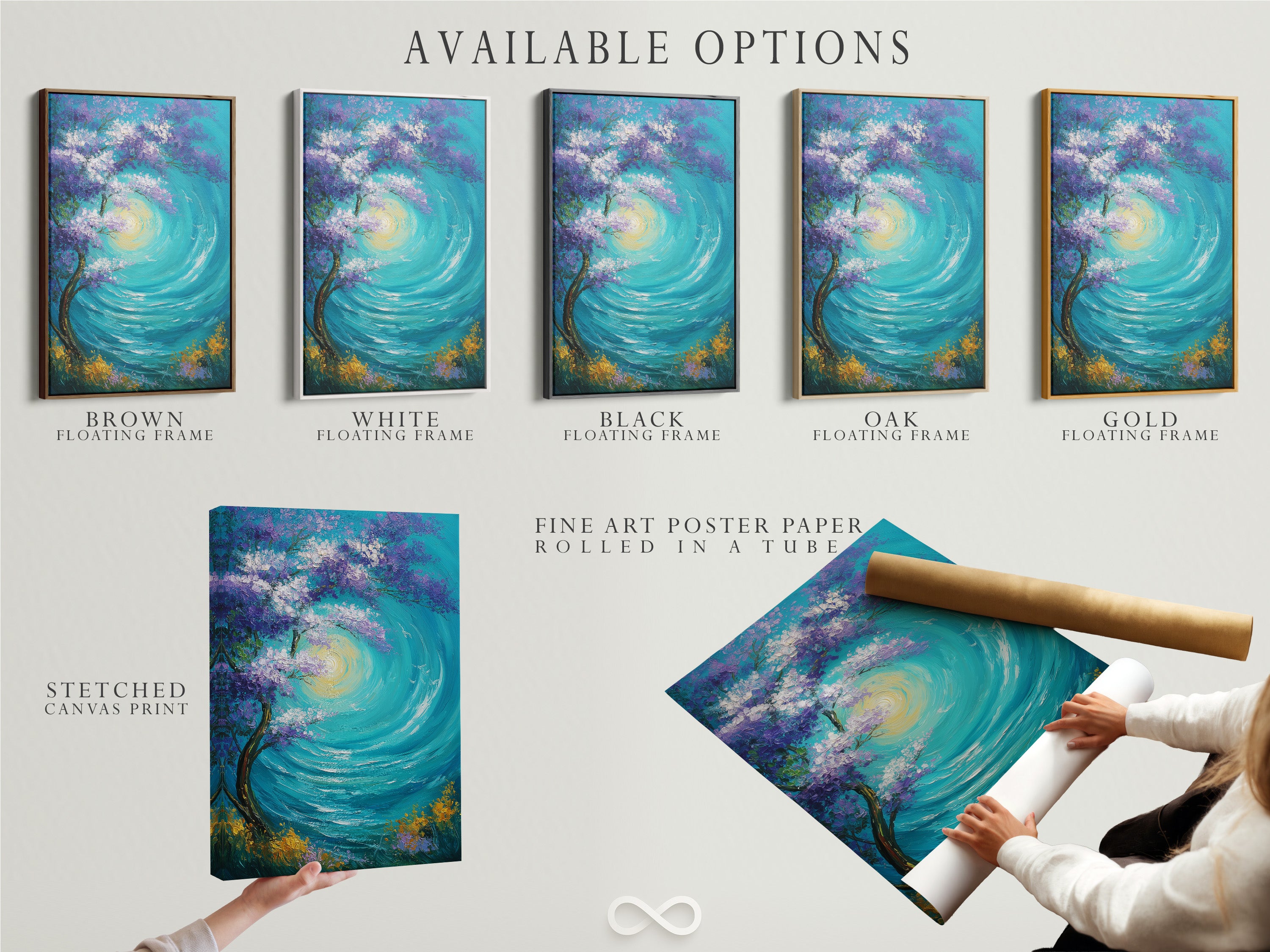 Available options for art prints are displayed. These include a stretched canvas print fine art poster paper and a floating frame. Each option offers a unique aesthetic to suit different tastes. Choose the perfect style to complement your home decor.