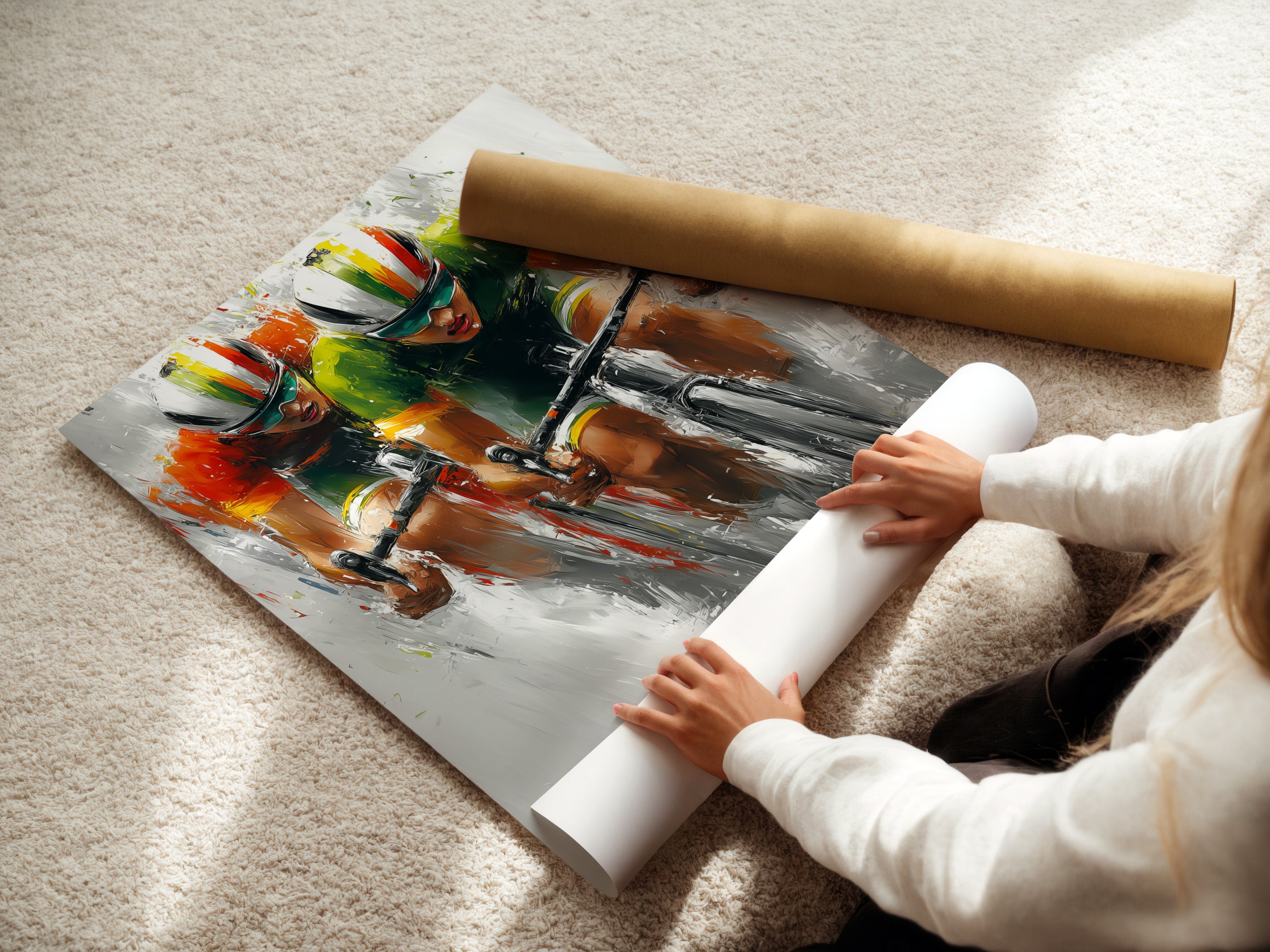 A woman carefully rolls a fine art poster paper. High-quality paper ensures the artwork stays pristine. The artwork is preserved for years to come. Discover our premium fine art paper options for your prints. These are made to last.