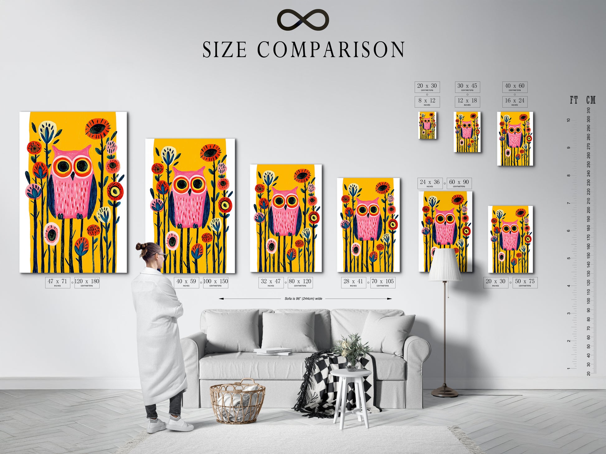Size comparison chart of a Colorful Owl artwork displayed in an interior setting. This folk art print features a whimsical bird. Perfect for a kids bedroom or nursery decor. Add a touch of charm to your space with this contemporary artwork. The primary color is pink and the secondary color is yellow.
