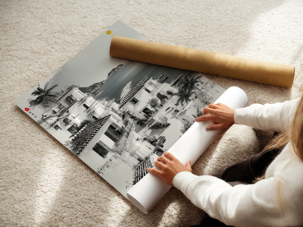 A woman is carefully rolling a fine art poster paper. The Coastal Village artwork is ready for framing. The poster offers a versatile way to display art. Perfect for creating personalized wall art.