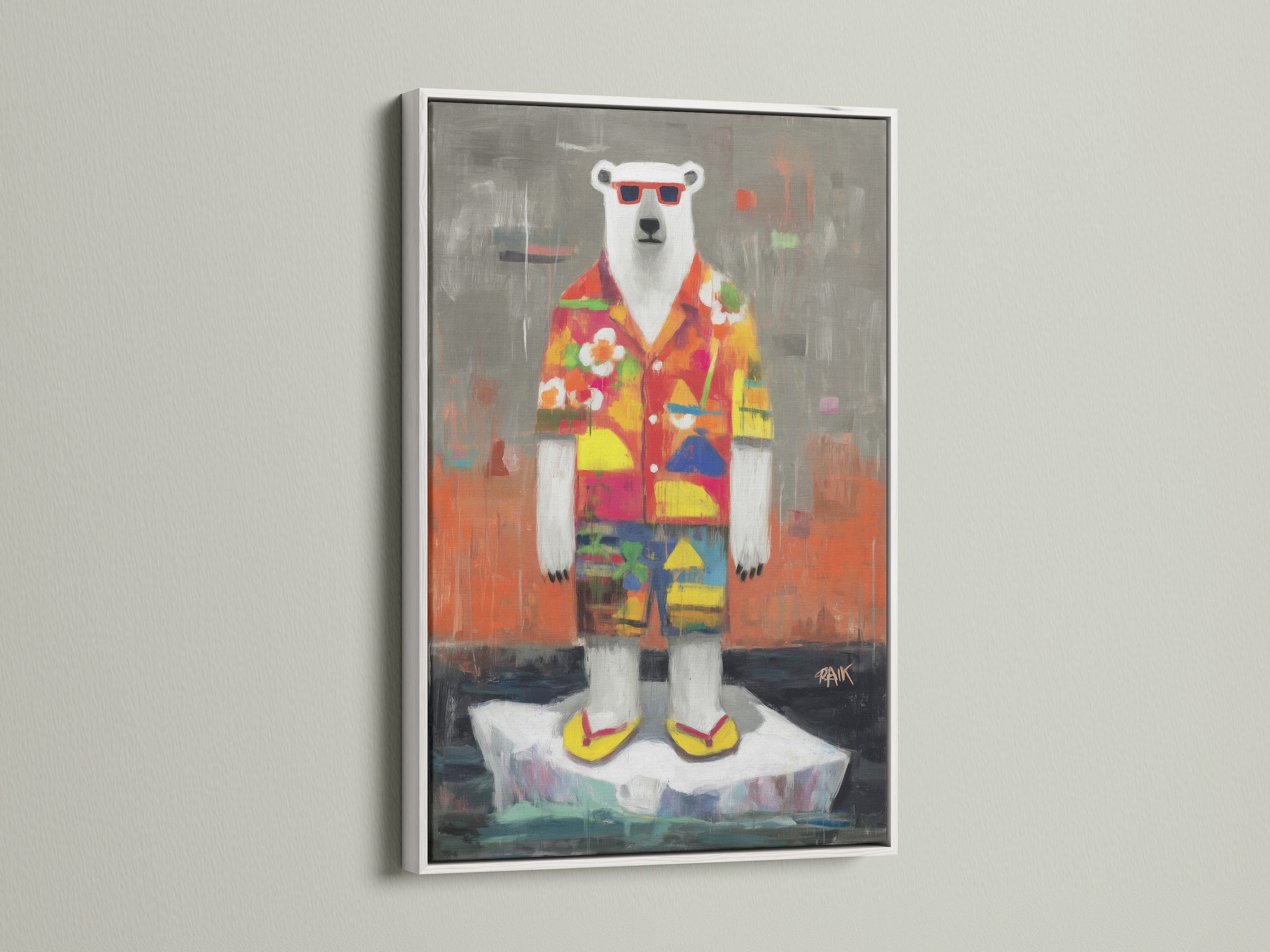 A white frame enhances this cool polar bear artwork. This quirky animal art is perfect for kids room decor. The artwork features a polar bear in a tropical shirt. It brings a touch of whimsy to any wall.
