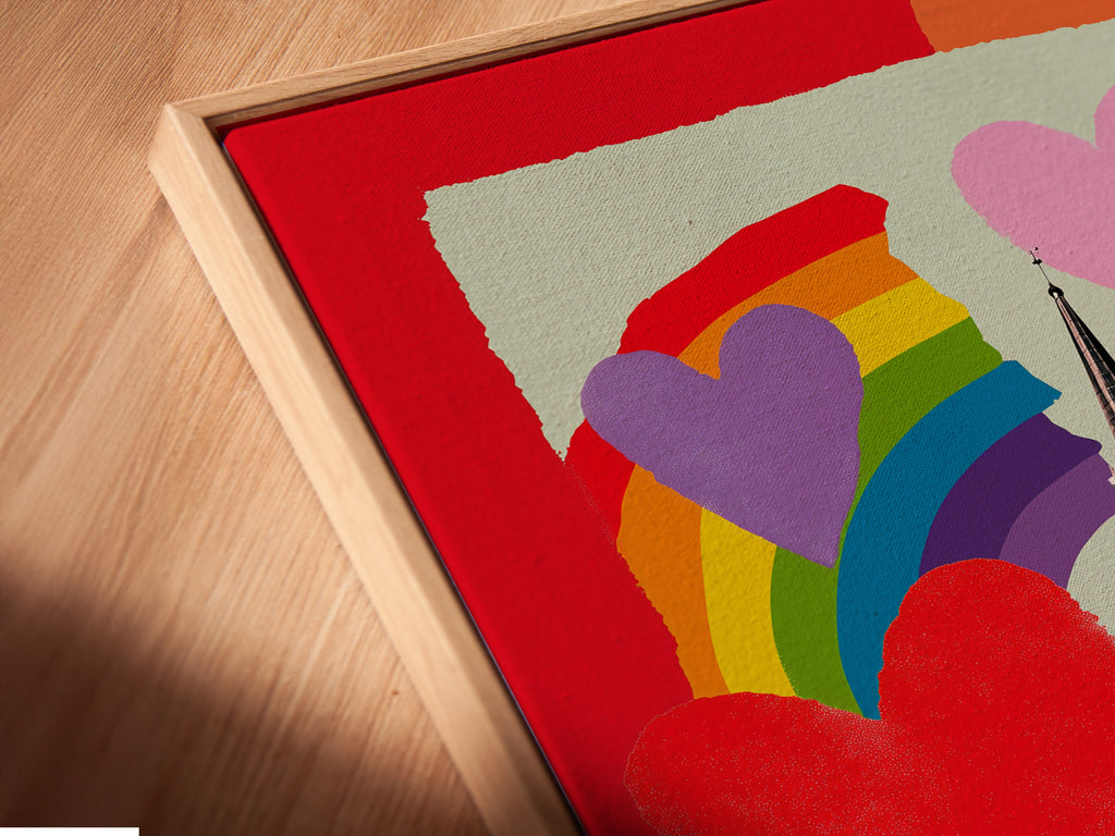 A close-up shows a canvas print in a floating frame. This framing style gives the artwork a sophisticated look. The canvas appears to float within the frame. Elevate your art with our stylish floating frames today.