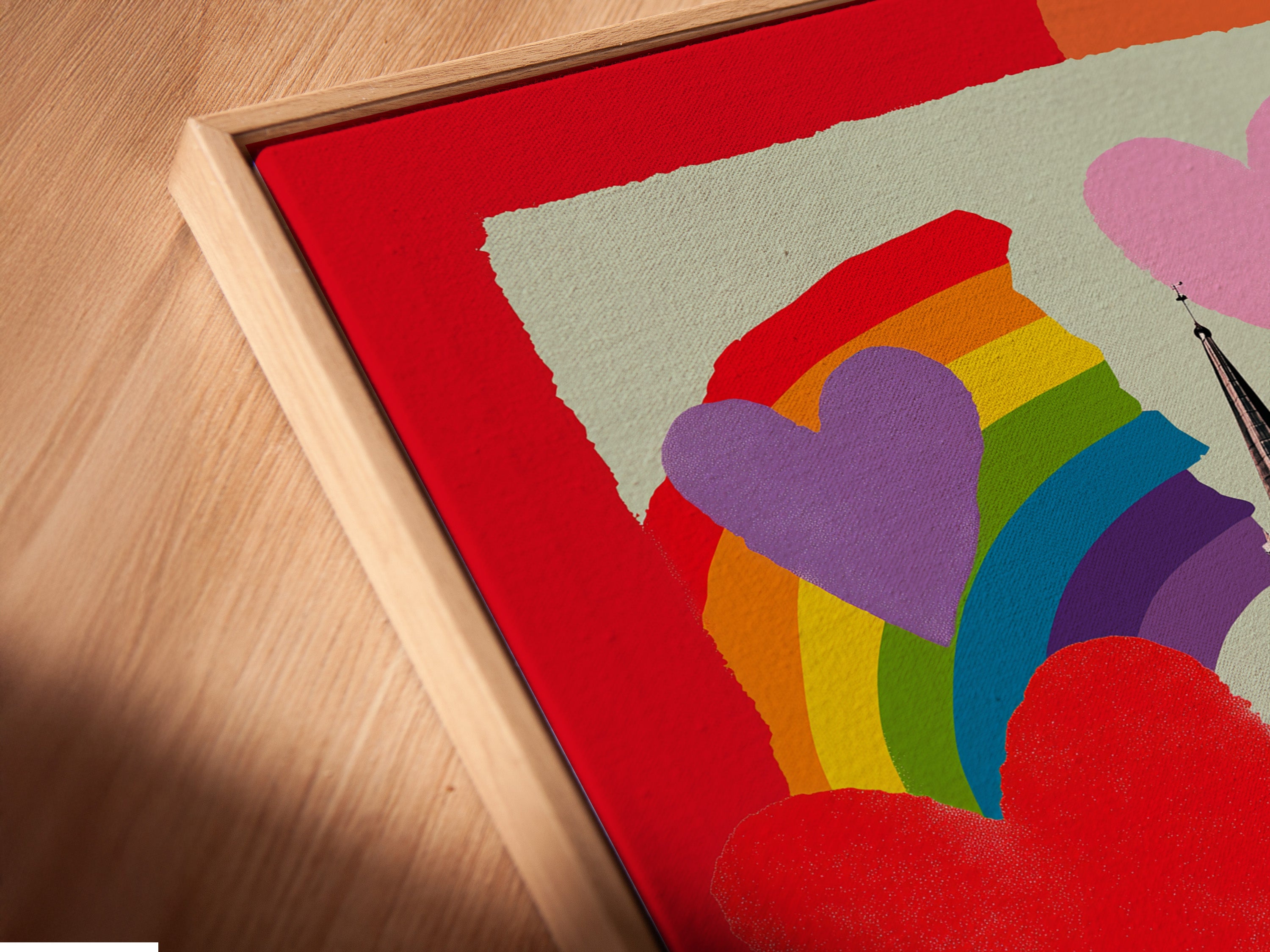 A close-up shows a canvas print in a floating frame. This framing style gives the artwork a sophisticated look. The canvas appears to float within the frame. Elevate your art with our stylish floating frames today.