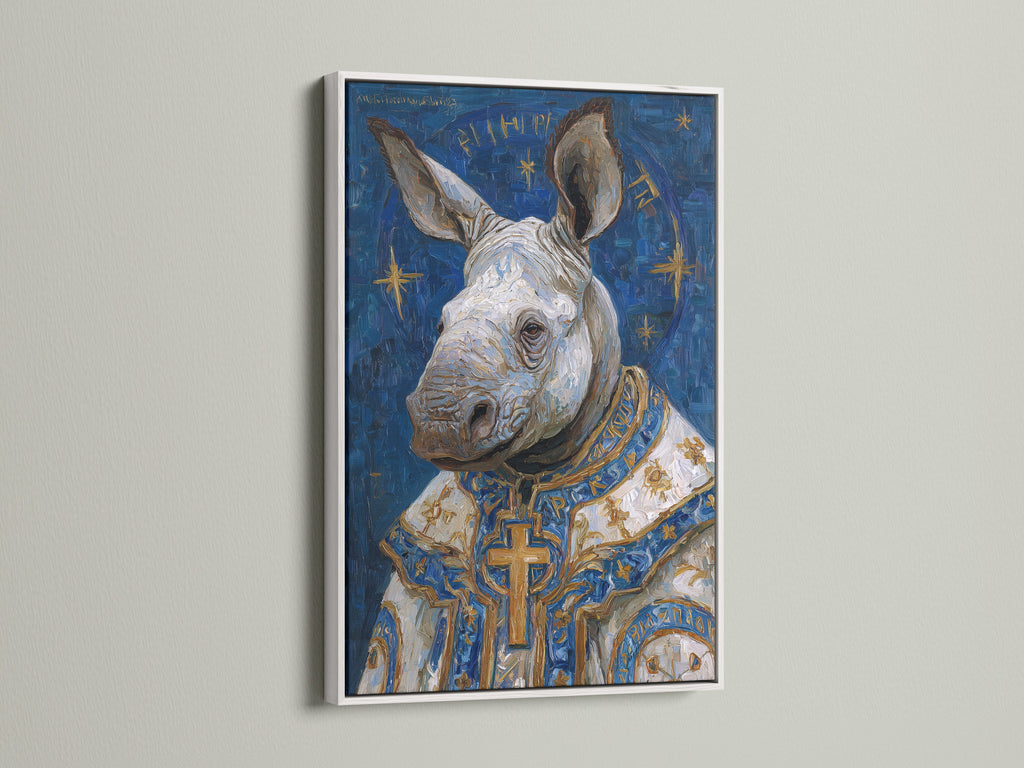 The rhino pope artwork with a white frame. This art is perfect for a study room or office wall. The white frame complements the blue and gold colors in this renaissance style artwork. It's a unique gift for art enthusiasts.