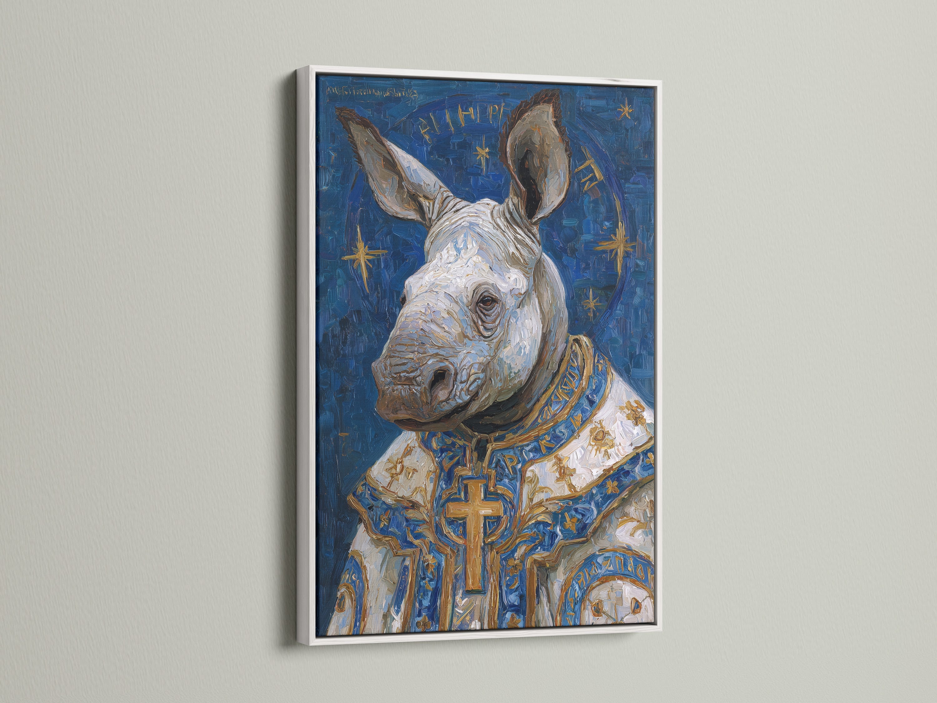 The rhino pope artwork with a white frame. This art is perfect for a study room or office wall. The white frame complements the blue and gold colors in this renaissance style artwork. It's a unique gift for art enthusiasts.