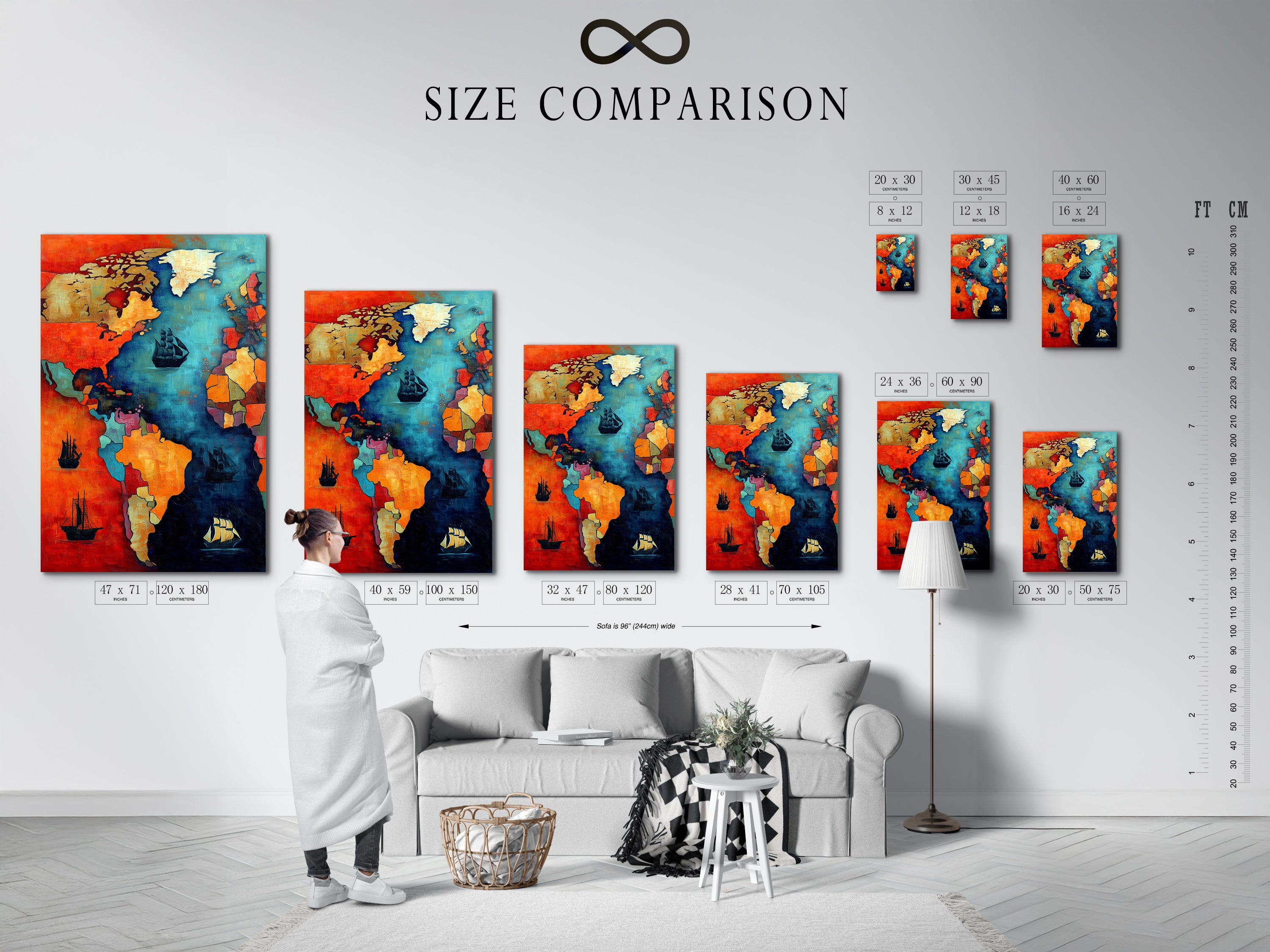 This size comparison chart is set in an interior. The chart shows various sizes of the vintage world map artwork. You can see how each size fits in a room. Choose the perfect size for your space. This nautical chart wall art enhances any decor. Find the ideal fit for your home or office.