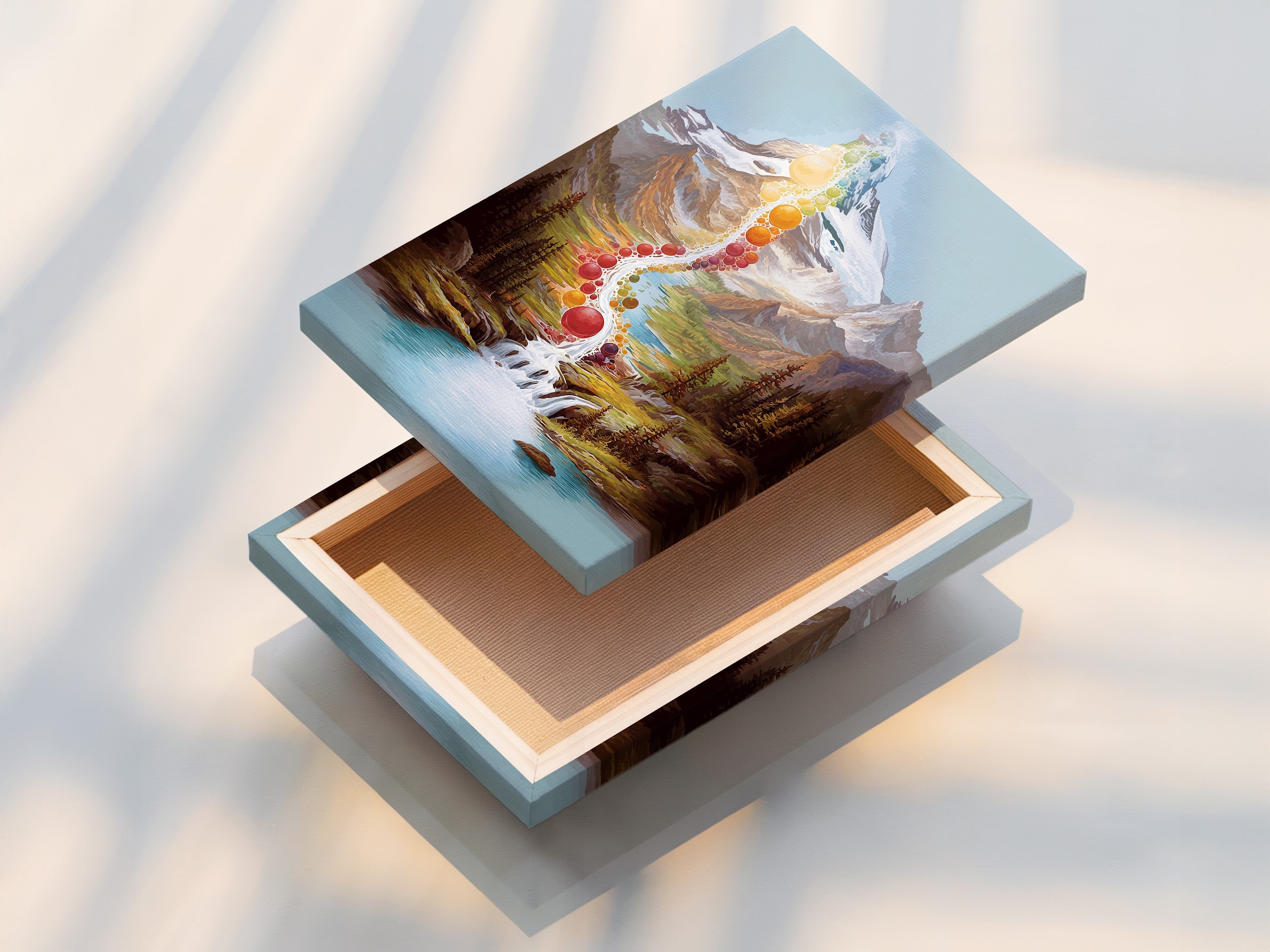 Showcasing a stretched canvas print of the Chakra Mountain artwork. This piece features a vibrant waterfall with chakra colors flowing down a majestic mountain. Perfect for living rooms offices and meditation spaces. The stretched canvas provides a gallery-ready look. A beautiful spiritual decor option.