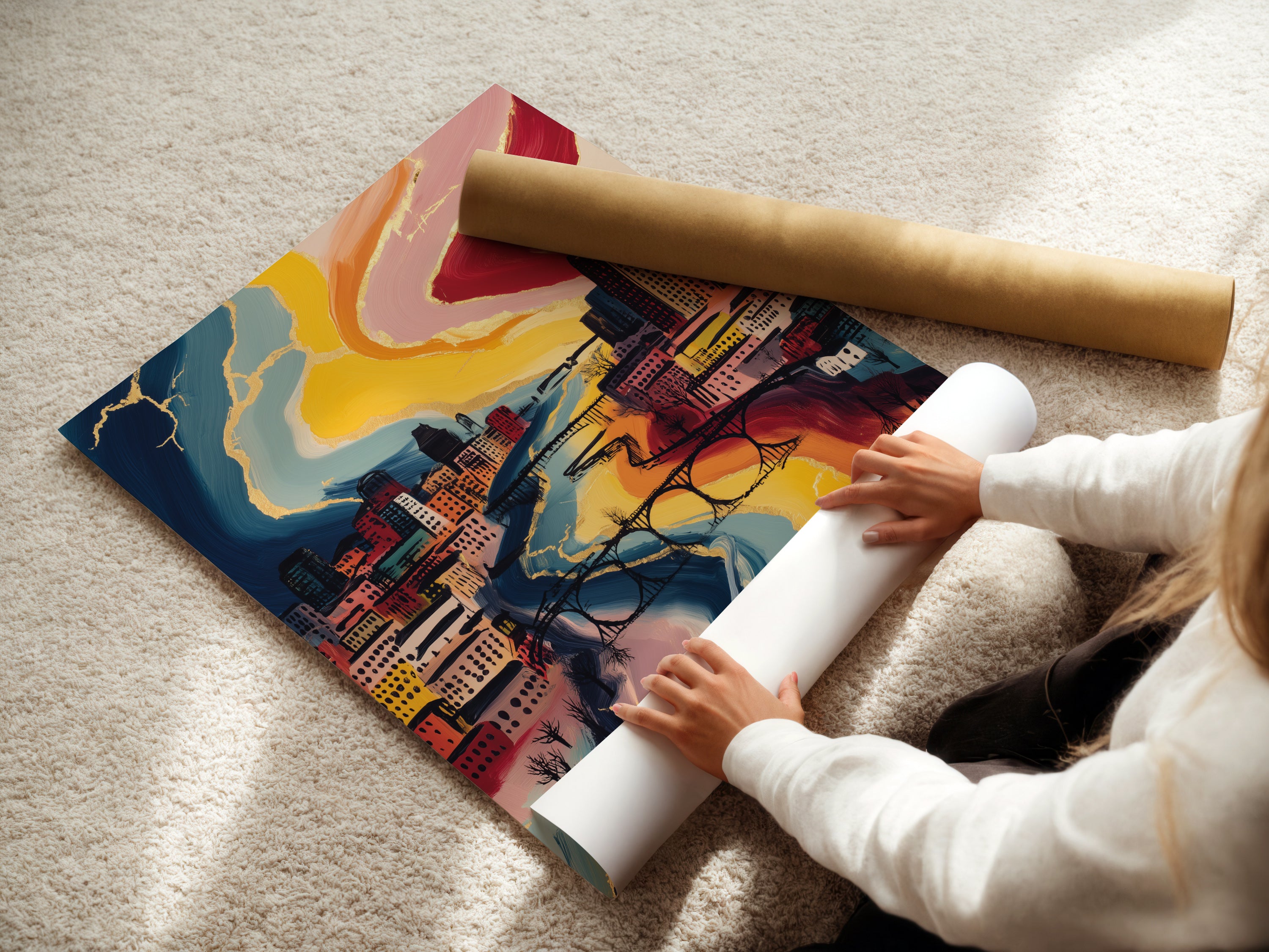 A woman is carefully rolling a fine art poster paper. The poster paper is high-quality ensuring a vivid print. Ideal for art lovers. The fine art poster paper enhances the artwork. Perfect for creating stunning wall art.