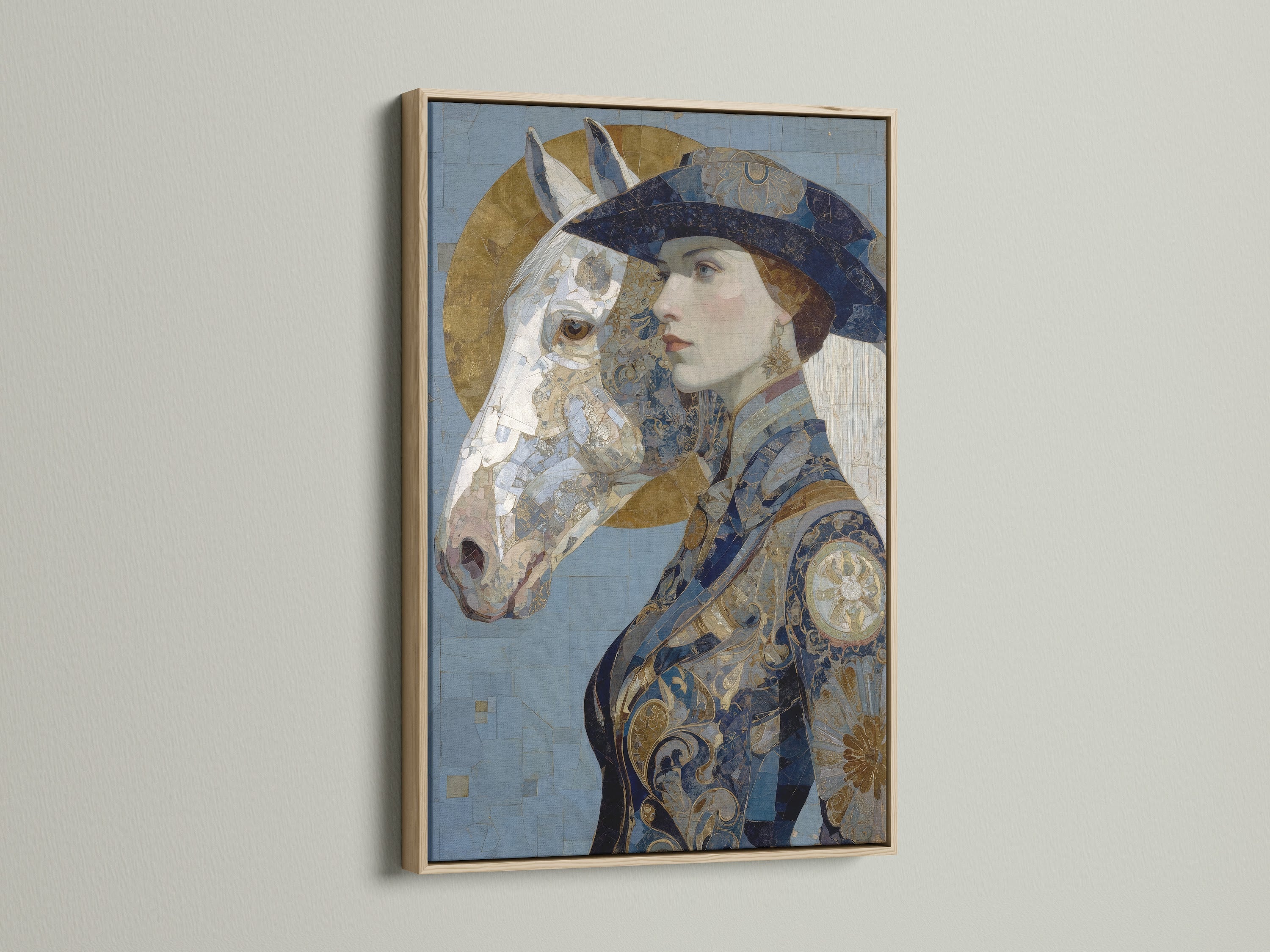 A stunning Art Nouveau Woman Canvas Artwork is framed in oak. The artwork presents a vintage portrait of a woman with a horse in blue and gold. Elevate your decor with this ornate wall decor. Perfect for living rooms and bedrooms. Add a touch of vintage elegance to your home today.