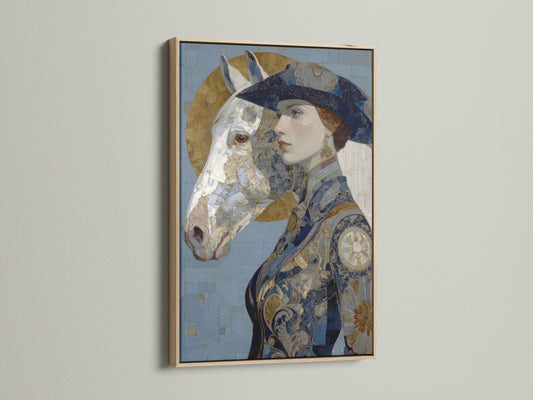 A stunning Art Nouveau Woman Canvas Artwork is framed in oak. The artwork presents a vintage portrait of a woman with a horse in blue and gold. Elevate your decor with this ornate wall decor. Perfect for living rooms and bedrooms. Add a touch of vintage elegance to your home today.