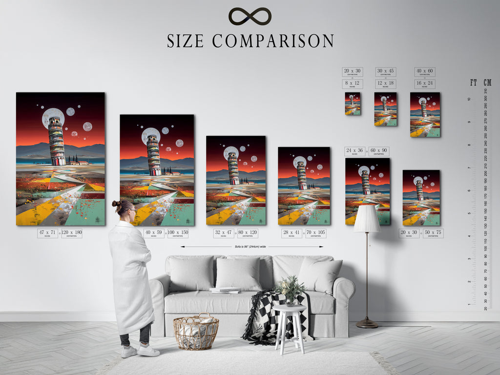 Easily visualize the perfect size for your space with our size comparison chart. This interior view helps you choose the ideal dimensions for your pisa tower art. This chart helps you select the best size for modern canvas art contemporary artwork or office wall decor. Ensure the perfect fit for your home.