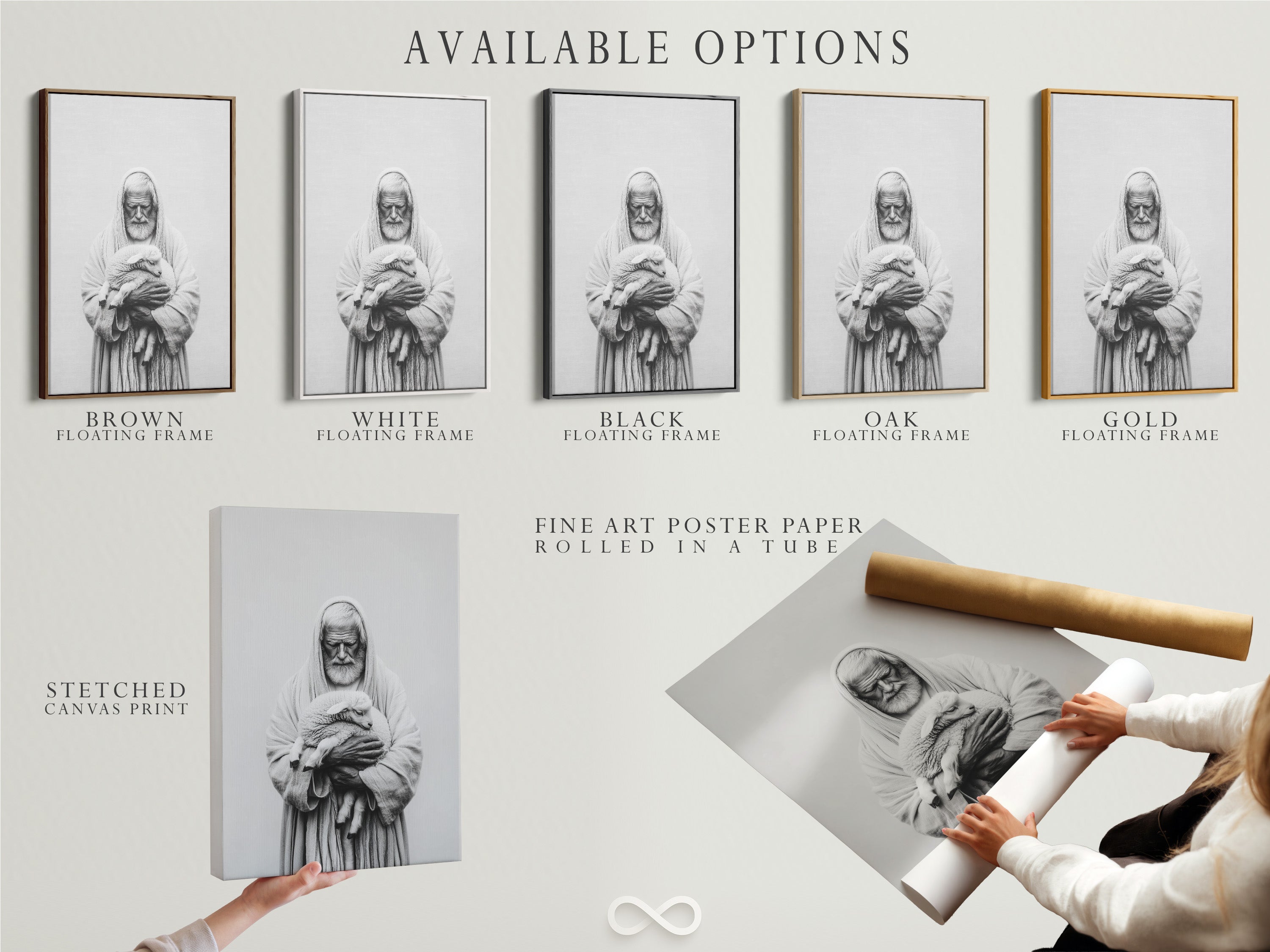 Various available options are showcased. These include a stretched canvas print. Fine art poster paper is also shown. A floating frame completes the display. Select the perfect option to match your style. Enhance your space with these art options.