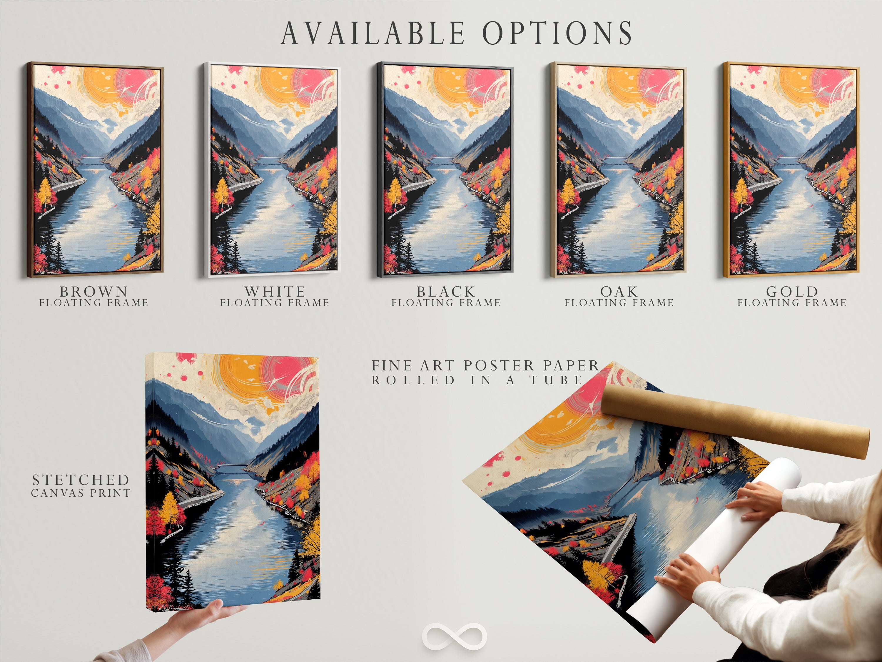 Available options include a stretched canvas print fine art poster paper and a floating frame. Choose the perfect format for your mountain lake art autumn landscape or nature photography. Elevate your space with modern wall art.