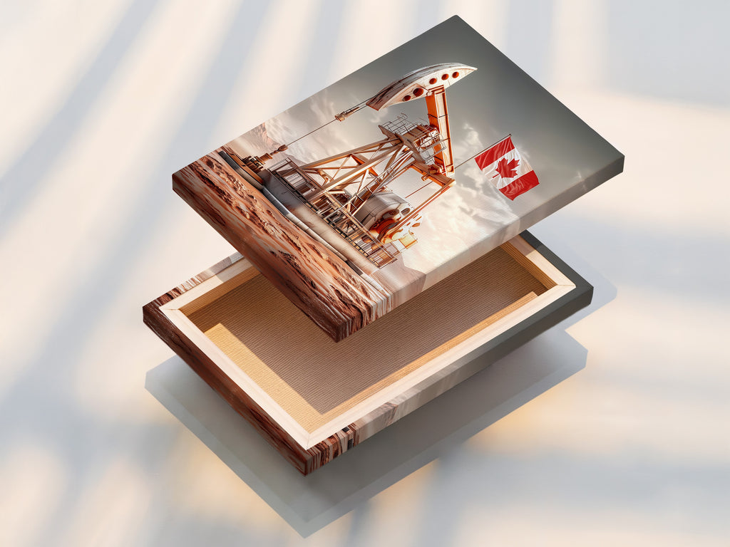 Stretched canvas print featuring an Oil Derrick and a Canadian Flag. Ideal for rustic industrial decor. Elevate your office workspace or boardroom with this unique artwork.