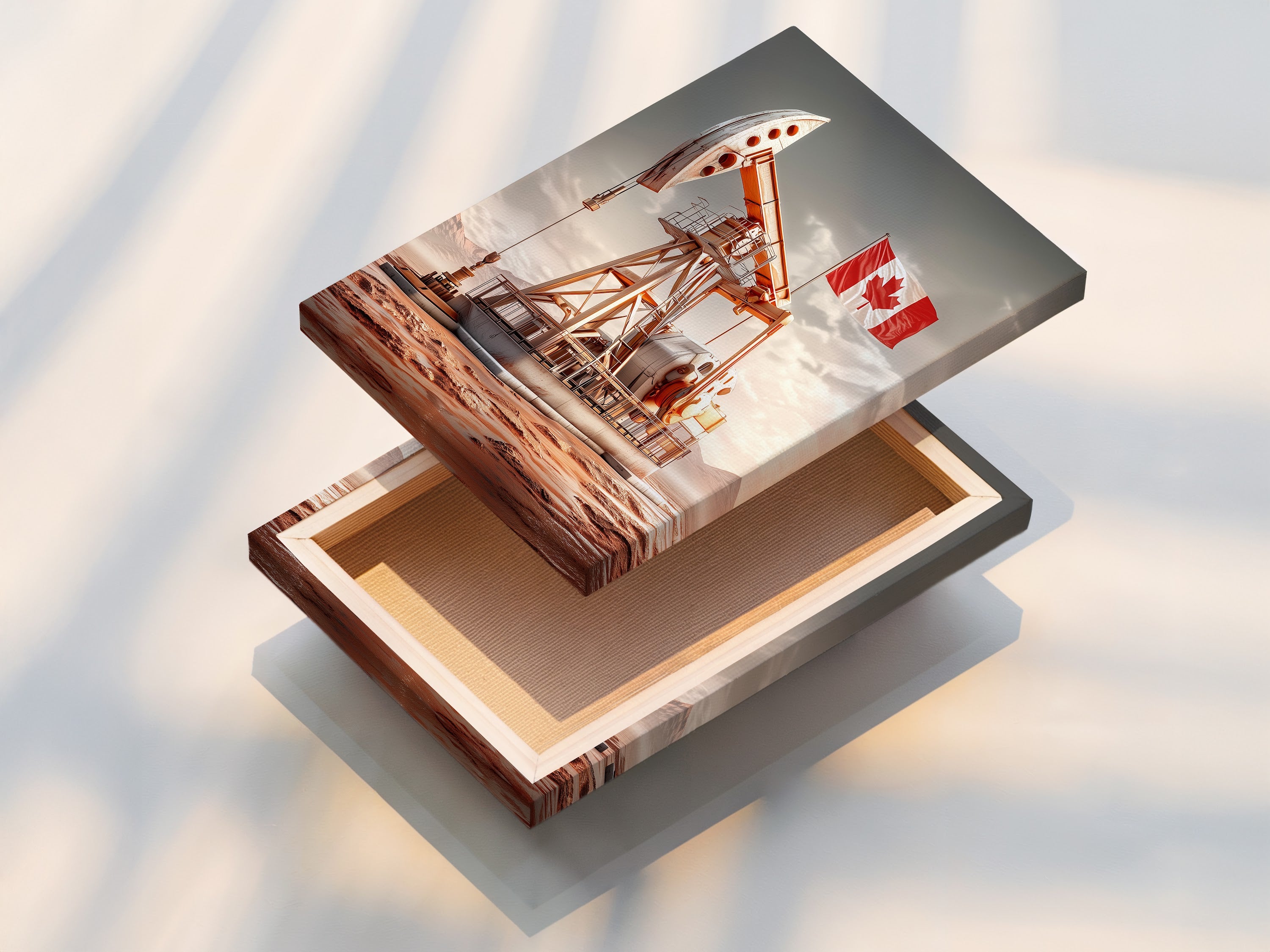 Stretched Canvas Print featuring an oil rig and the Canadian flag. Ready to hang and enjoy. The canvas texture adds depth to the artwork. Perfect for creating a statement in your office or home.
