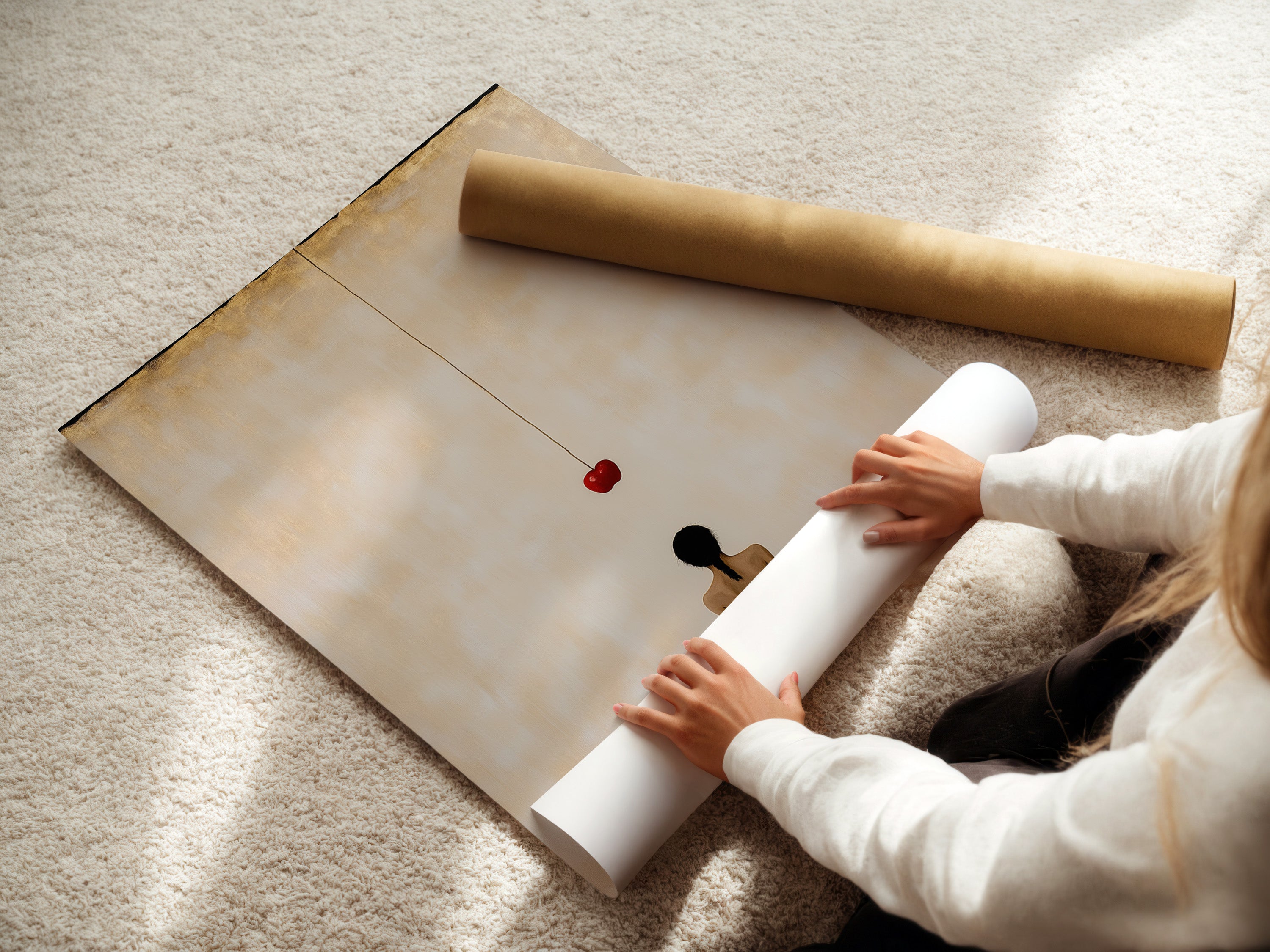 A woman carefully rolls a fine art poster paper. This ensures the Zen Buddha Wall Art arrives in perfect condition. High-quality materials guarantee a lasting spiritual canvas print. The perfect addition to yoga studio decor.