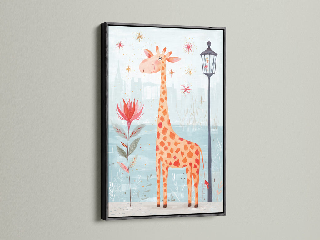A modern giraffe art print is elegantly framed in black. This stylish artwork complements any playroom decor. Black frames add a sophisticated touch to kids canvas prints. Create a playful space today.