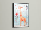 A modern giraffe art print is elegantly framed in black. This stylish artwork complements any playroom decor. Black frames add a sophisticated touch to kids canvas prints. Create a playful space today.