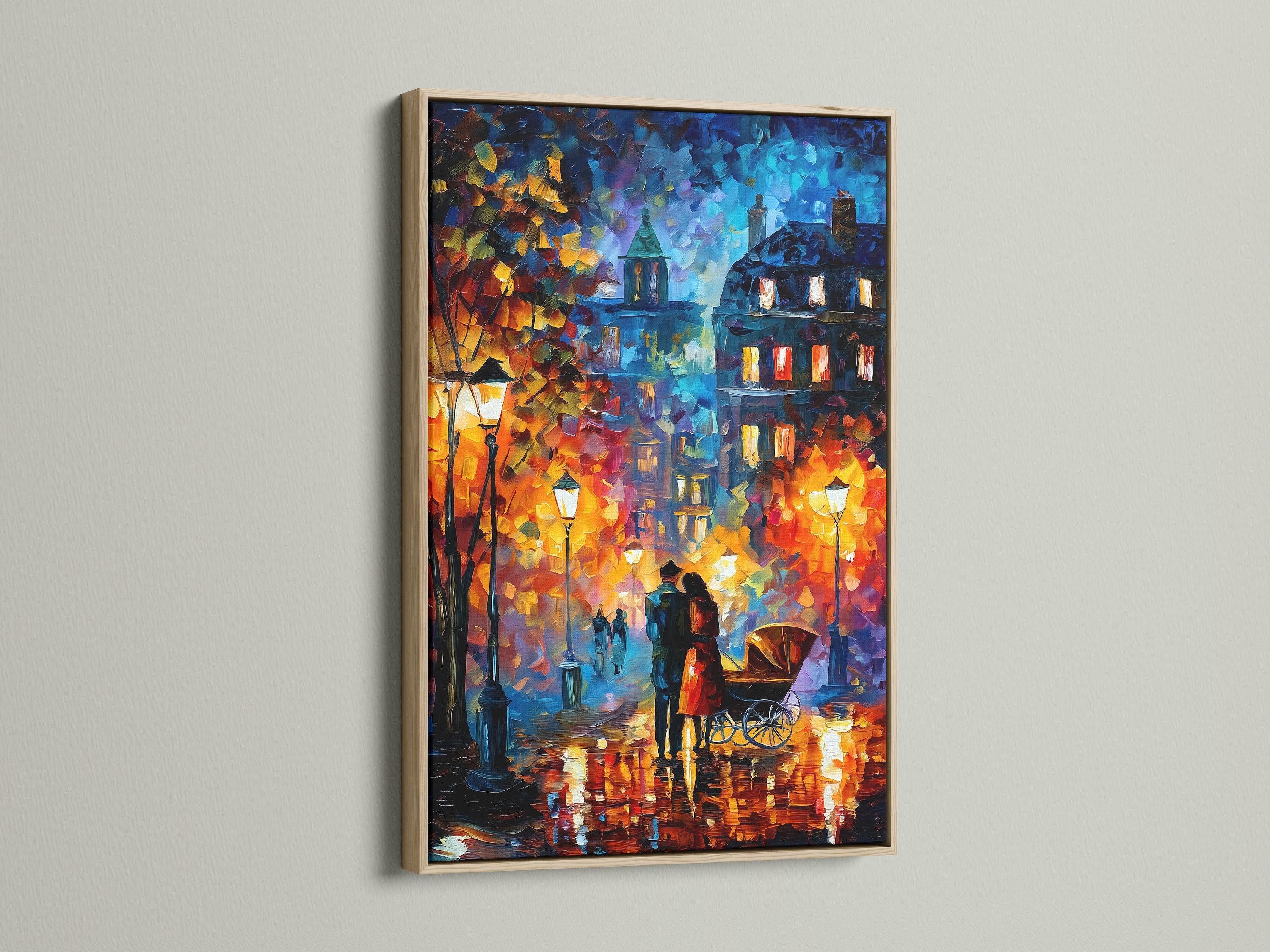 Romantic Street Art Canvas Print displayed in an oak frame. The piece depicts a colorful rainy night scene. Ideal wall art for living rooms or bedrooms. A beautiful impressionist print adds a vintage touch to any space. Perfect cozy wall decor.