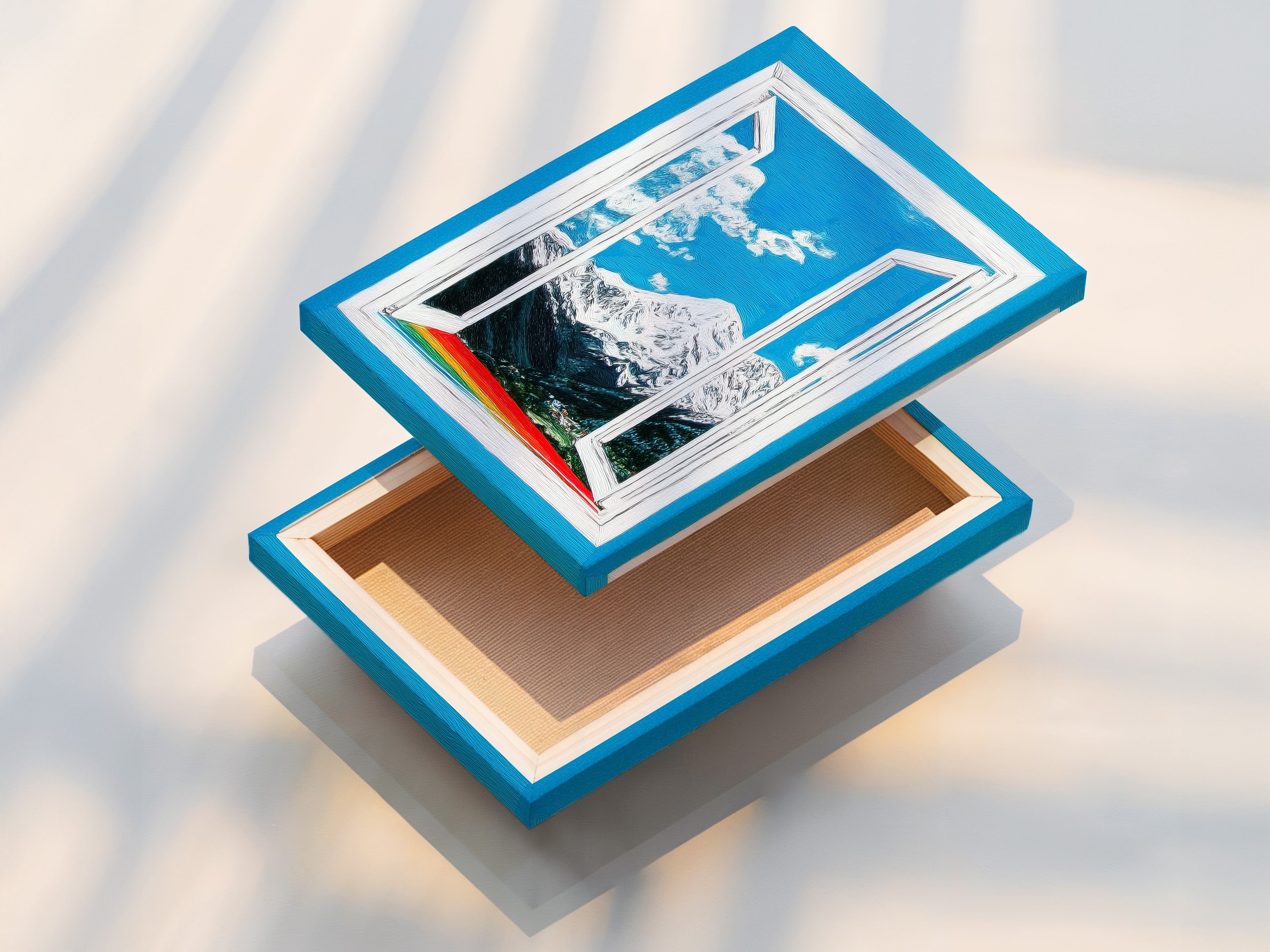 This is a stretched canvas print of the mountain view artwork. The bright blue sky art is ready to hang. The landscape wall art adds a scenic touch to your home. The stretched canvas provides a gallery-worthy look. Perfect for enhancing your living space with nature.