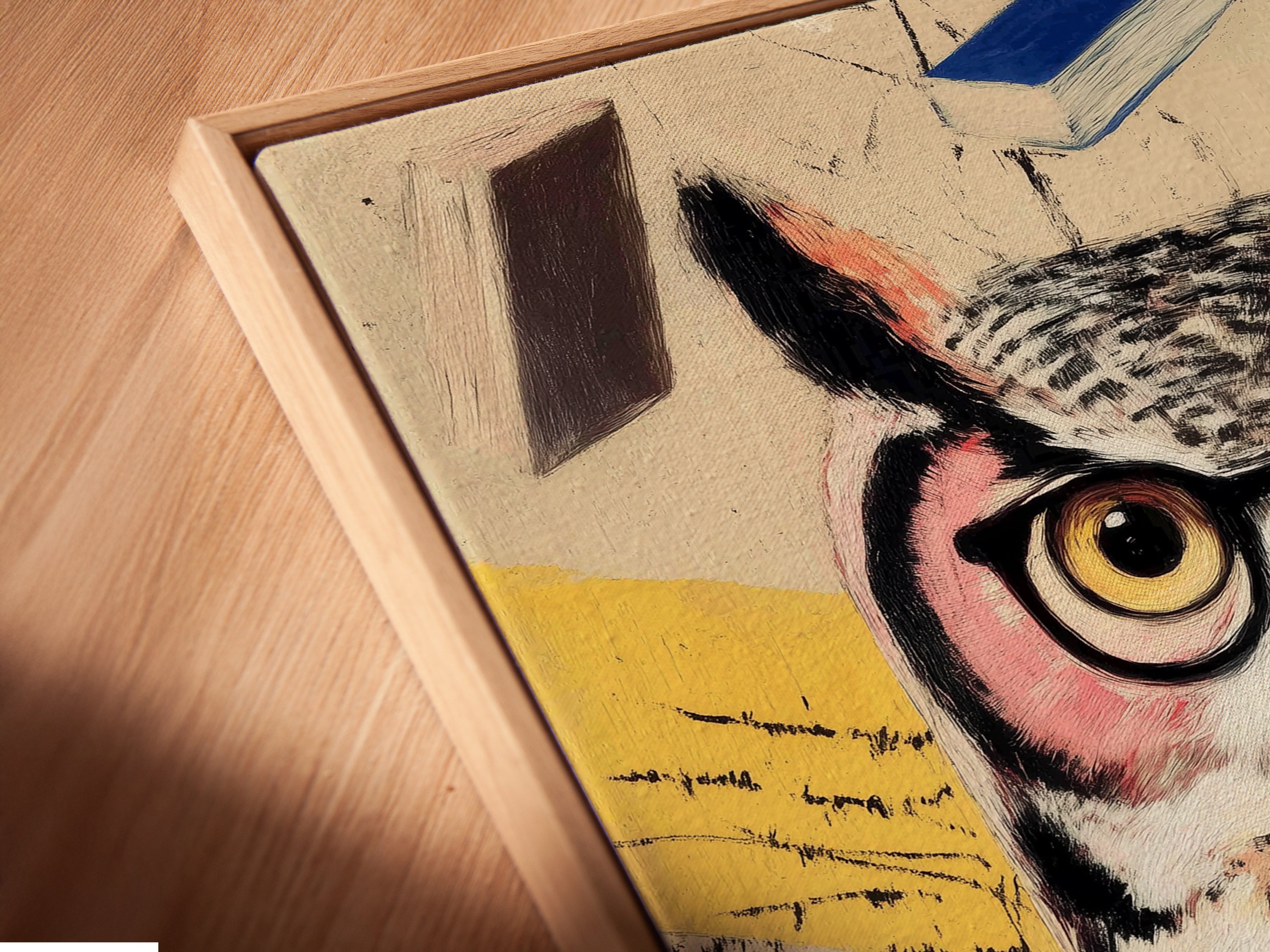 A close-up angled view reveals a canvas print in a floating frame. The wise owl artwork brings scholarly charm. The academic wall art is perfect for study rooms. Enhance your space with sophistication.