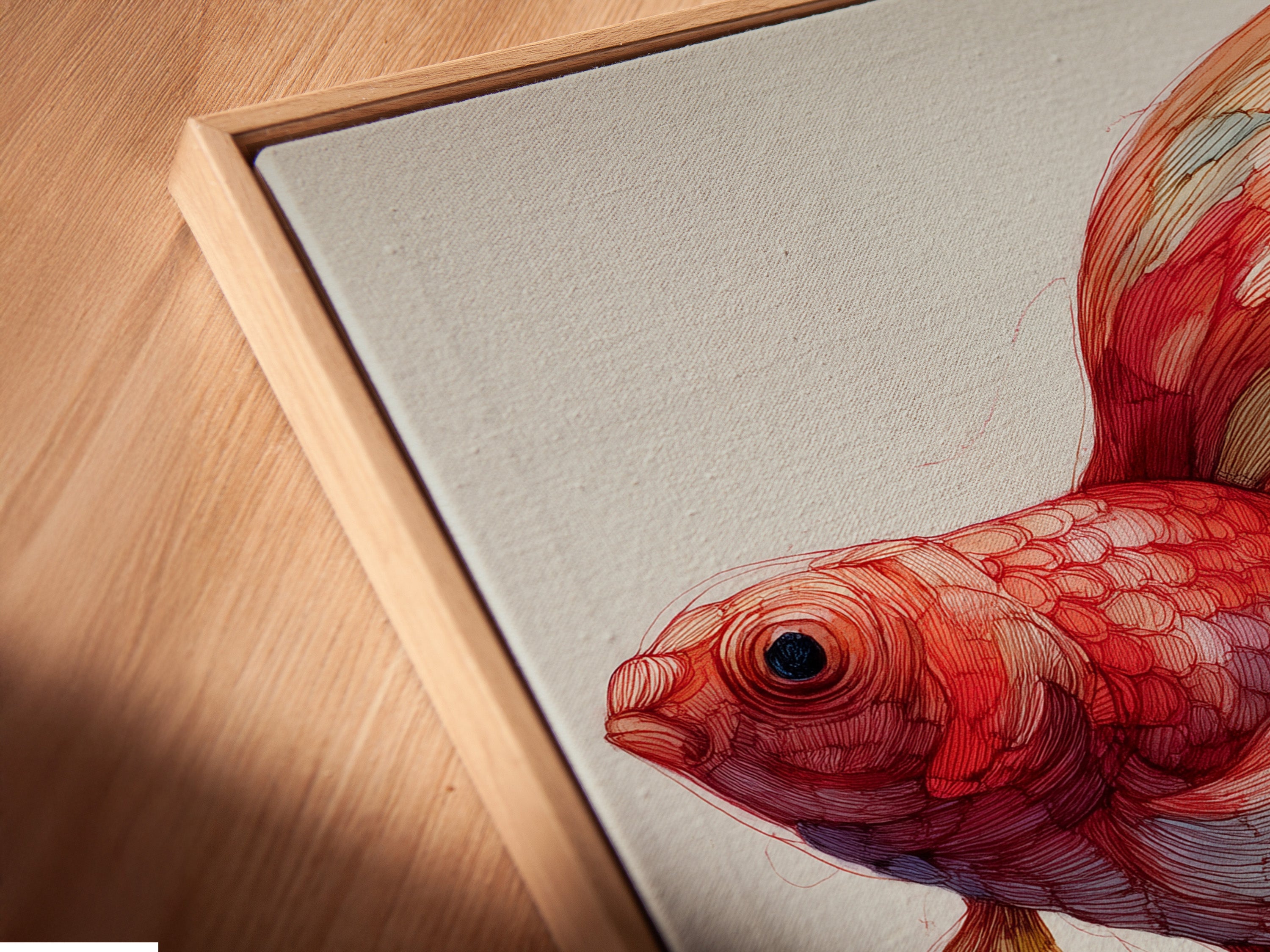 A close-up shot showcases the exquisite detail of a canvas print in a floating frame. The floating frame creates a modern and sophisticated look. The artwork appears to float within the frame. It is a perfect choice for contemporary art lovers. The angled view highlights the texture and depth. Discover the beauty of floating frames and elevate your art. It is a great way to showcase your personal style.