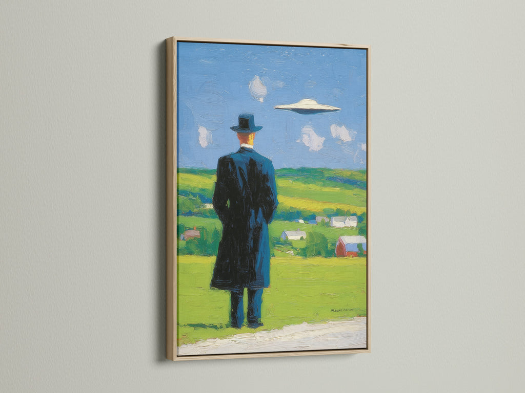 Surreal art print in an oak frame. Mysterious figure looks out onto a landscape with a UFO in the sky. Contemporary art adds a touch of mystery to any room. This piece features primary green and secondary blue colors.