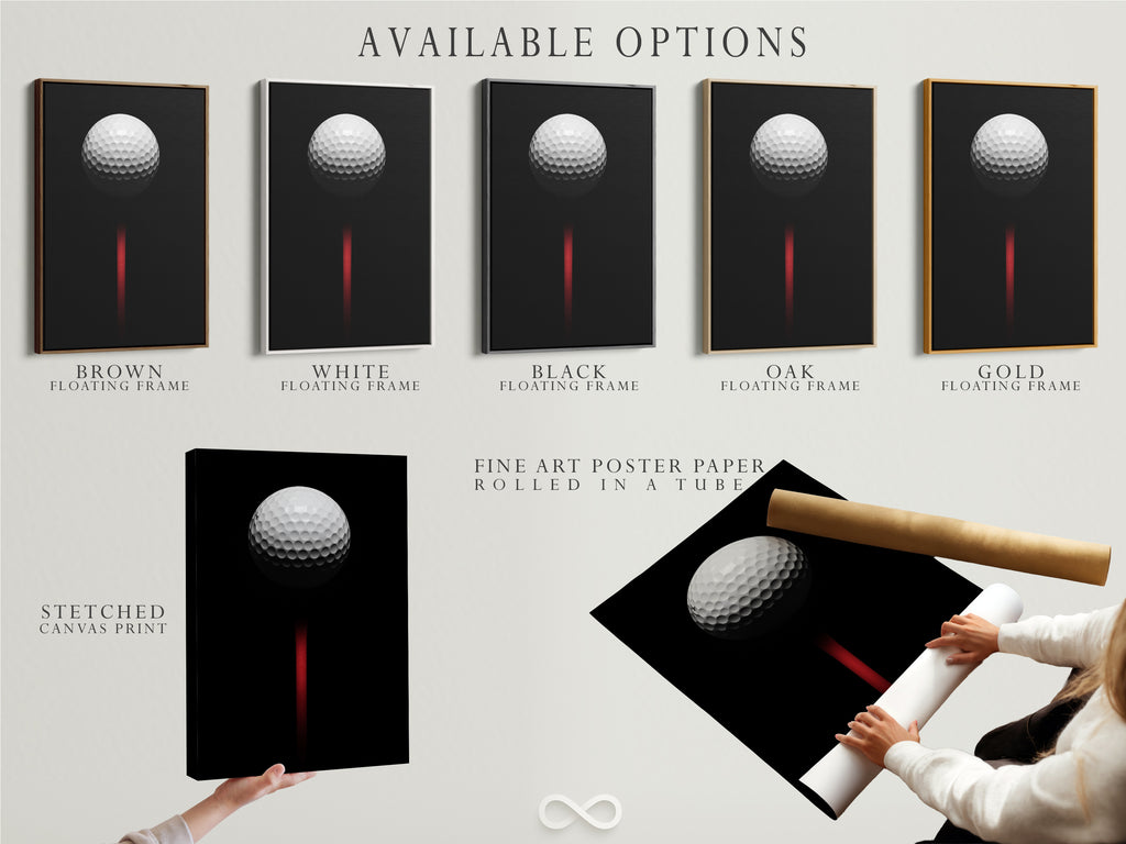 Available options include stretched canvas print fine art poster paper and floating frame. Choose the perfect option for your golf ball artwork. Elevate your sports wall decor today. Find the perfect golf lover gift.