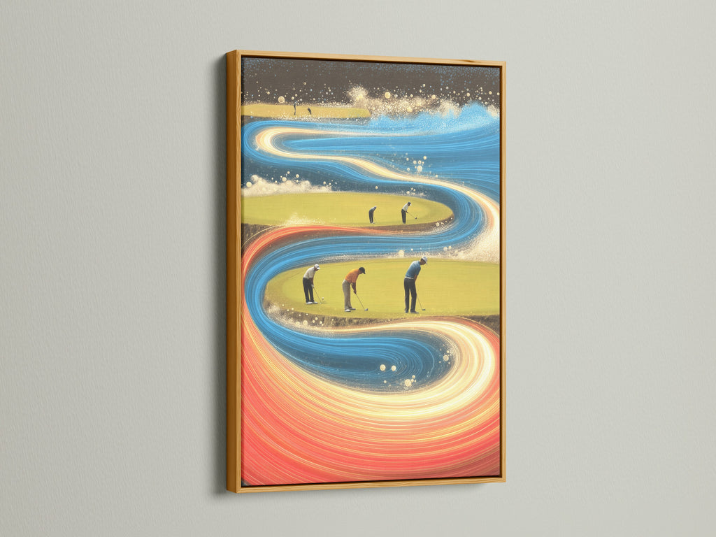 Enhance your decor with this gold framed golf artwork. The golfer canvas print adds a touch of luxury to your walls. This modern golf artwork is perfect for a man cave or office wall. Explore this sports wall decor.