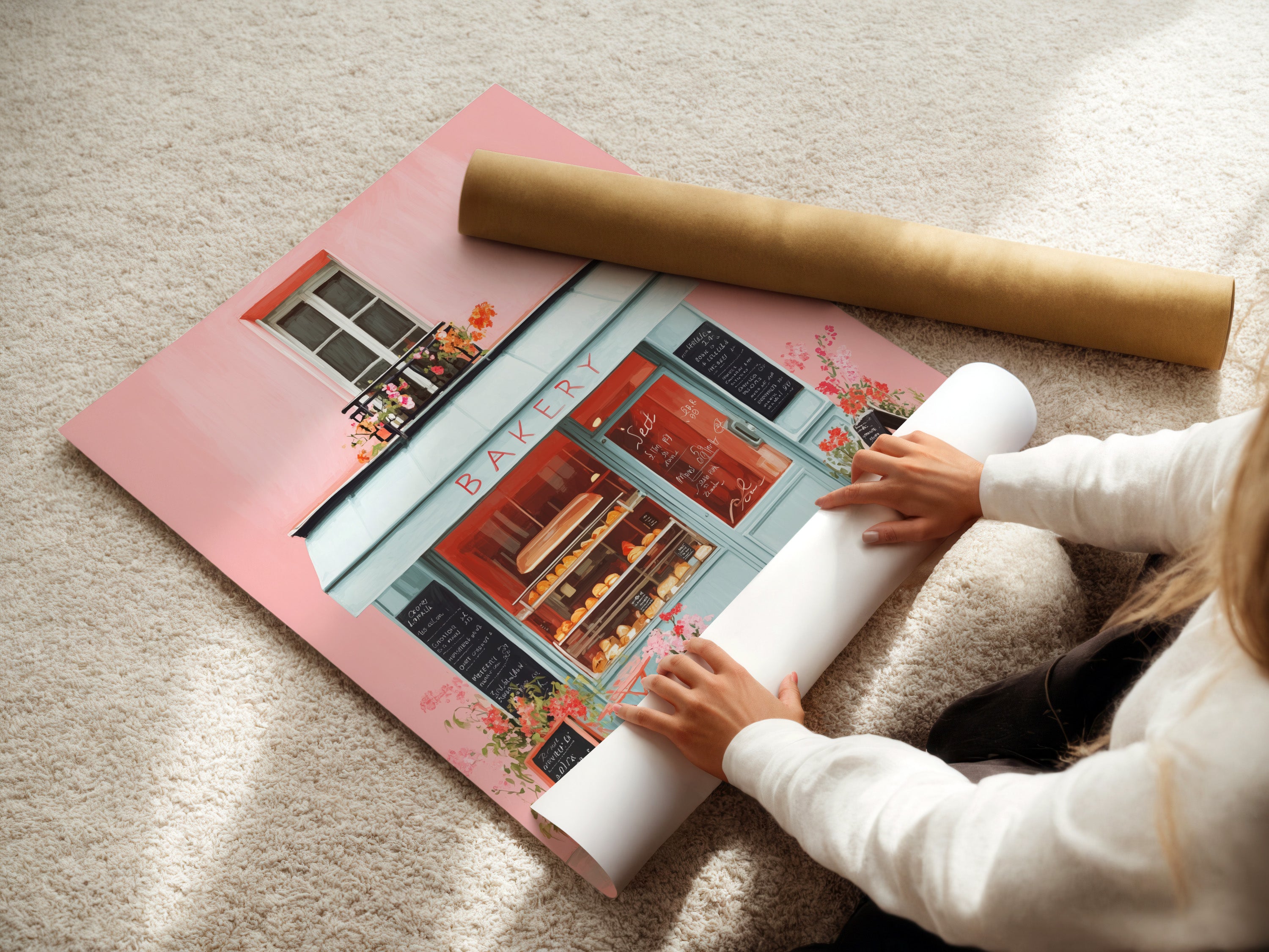 A woman rolling a fine art poster paper. The poster paper is high-quality. It is ready for printing a beautiful artwork. This image showcases the care and precision involved in preparing fine art prints. It is perfect for decorating your home or office.