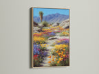 The desert wildflower artwork is showcased in an oak frame. This colorful landscape print captures the essence of the Southwest. It is ideal as nature wall decor. This artwork enhances your living space. Consider this nature canvas for your home.