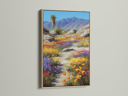 The desert wildflower artwork is showcased in an oak frame. This colorful landscape print captures the essence of the Southwest. It is ideal as nature wall decor. This artwork enhances your living space. Consider this nature canvas for your home.