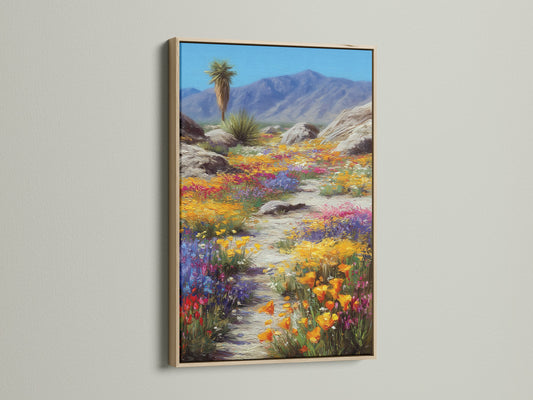 The desert wildflower artwork is showcased in an oak frame. This colorful landscape print captures the essence of the Southwest. It is ideal as nature wall decor. This artwork enhances your living space. Consider this nature canvas for your home.